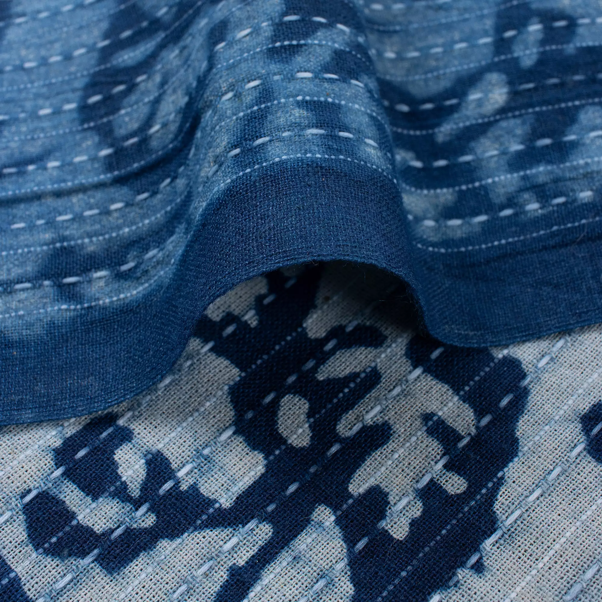 Handmade Indigo Leaf Print Cotton Kantha Fabric - Image 2
