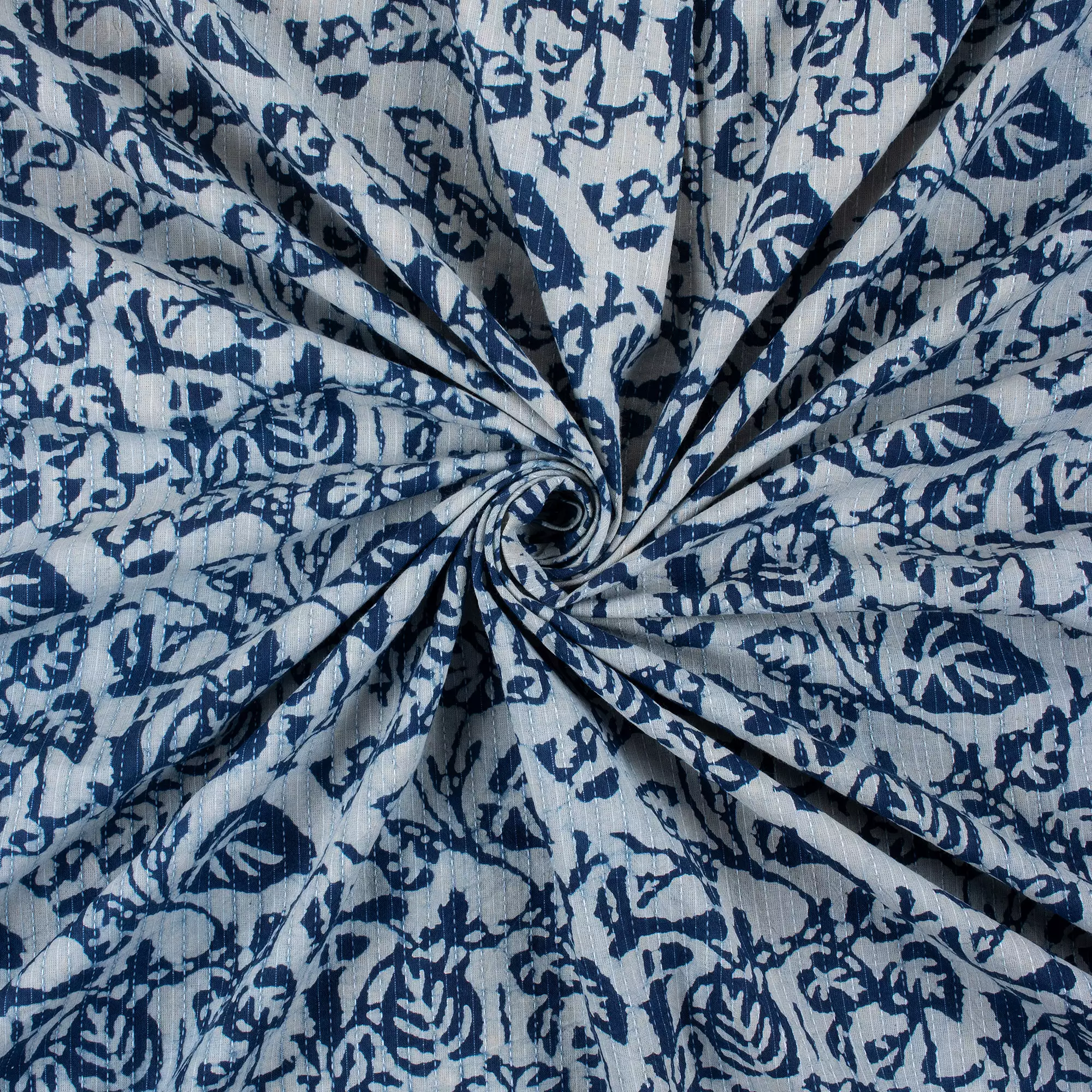 Handmade Indigo Leaf Print Cotton Kantha Fabric - Image 4