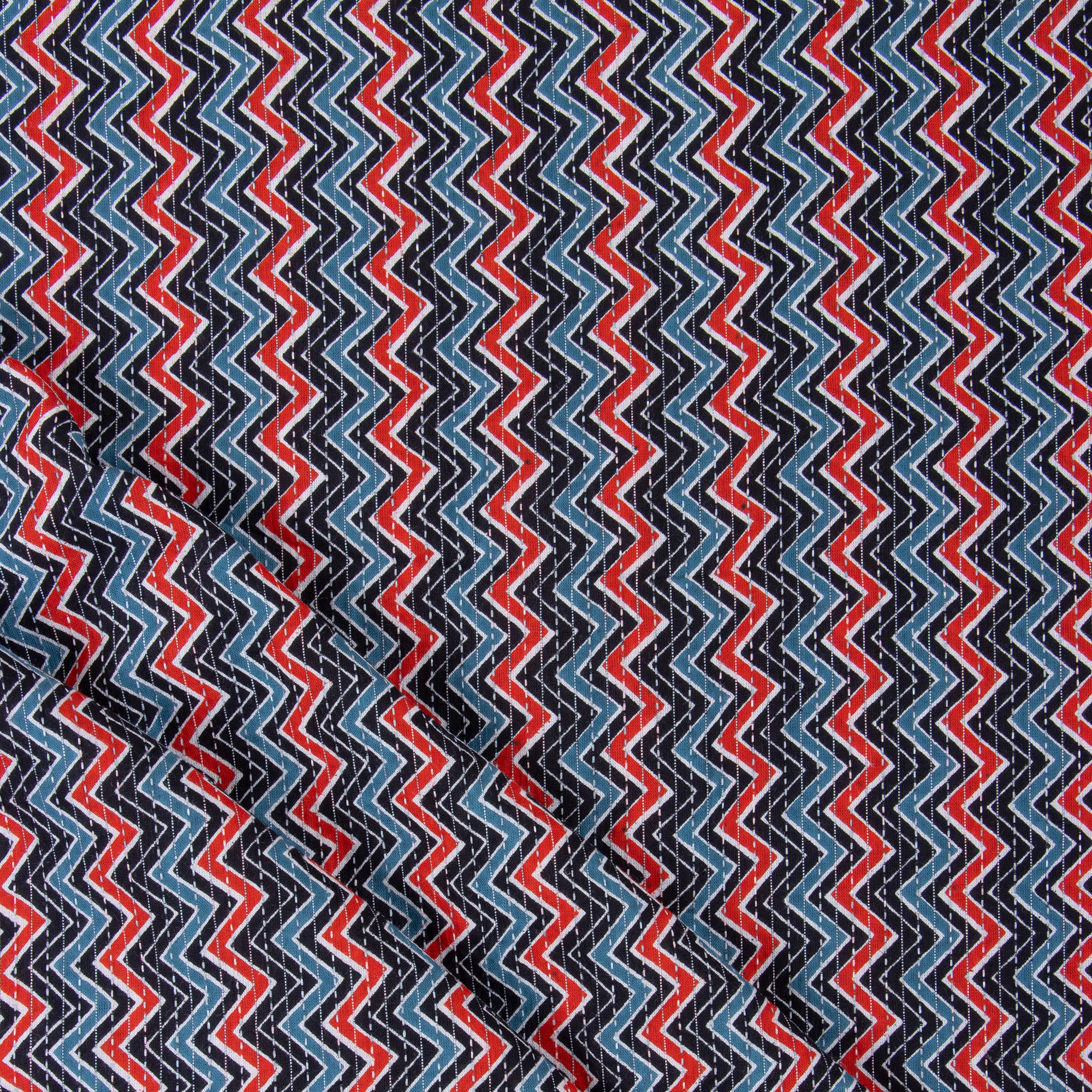 Multicolor Handmade Zig Zag Print Kantha Cotton Running Fabric