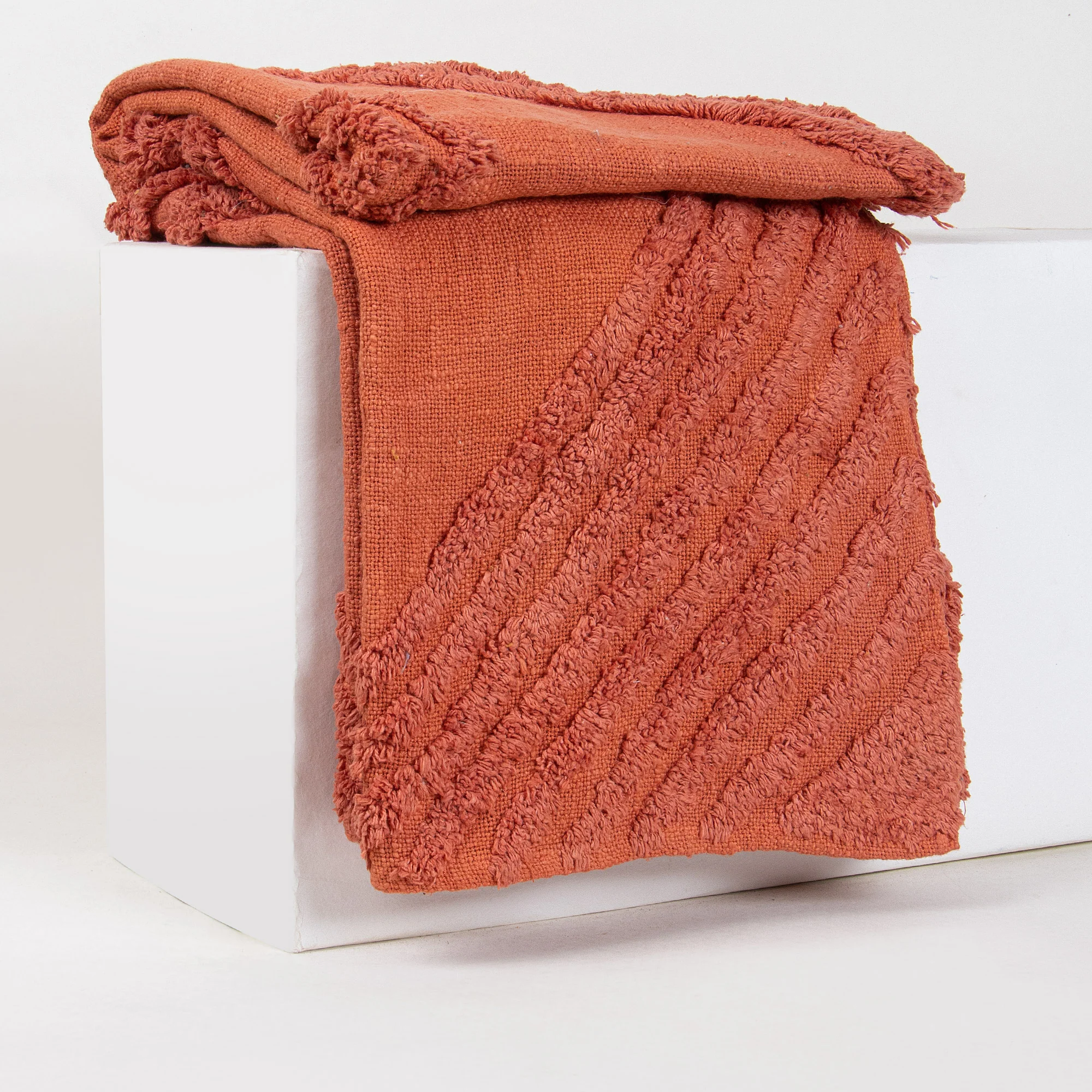 Handmade Solid Orange Cotton Tufted Throw Blanket - Image 3