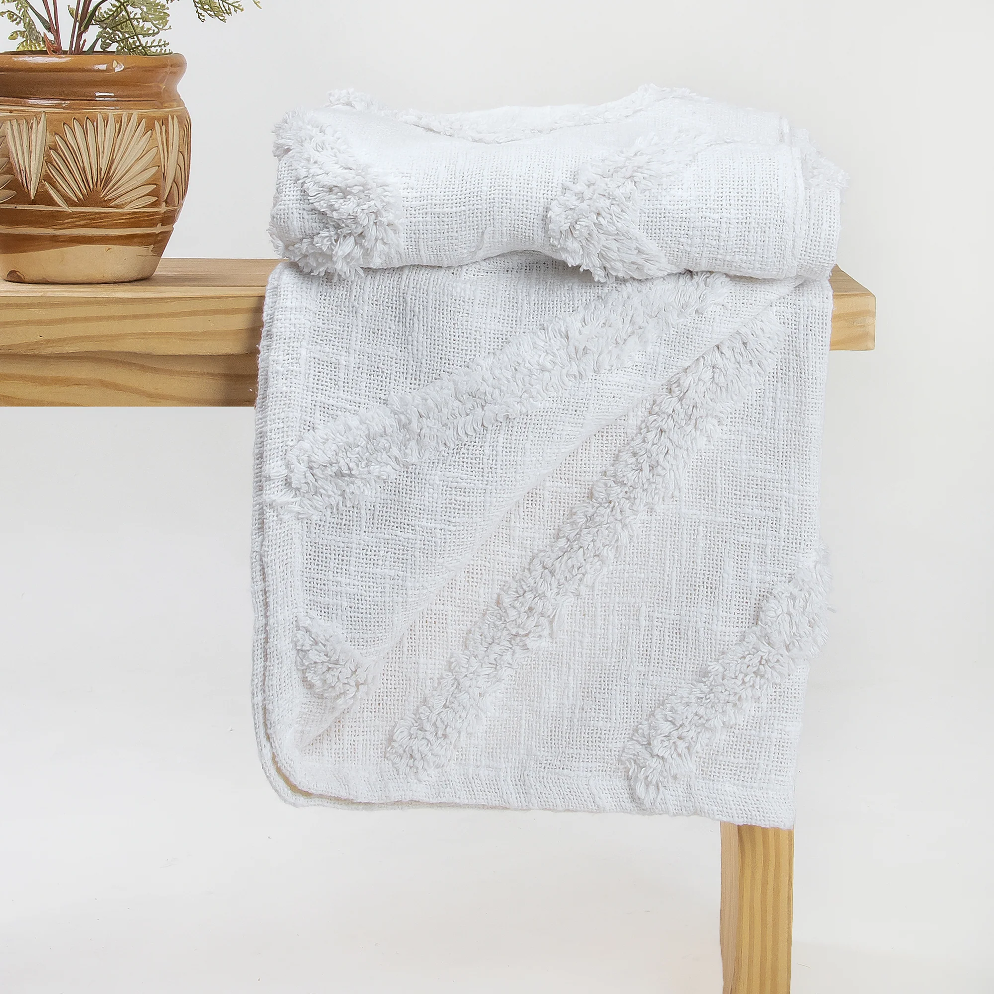 Handmade Solid Cotton White Tufted Throw Blanket - Image 6