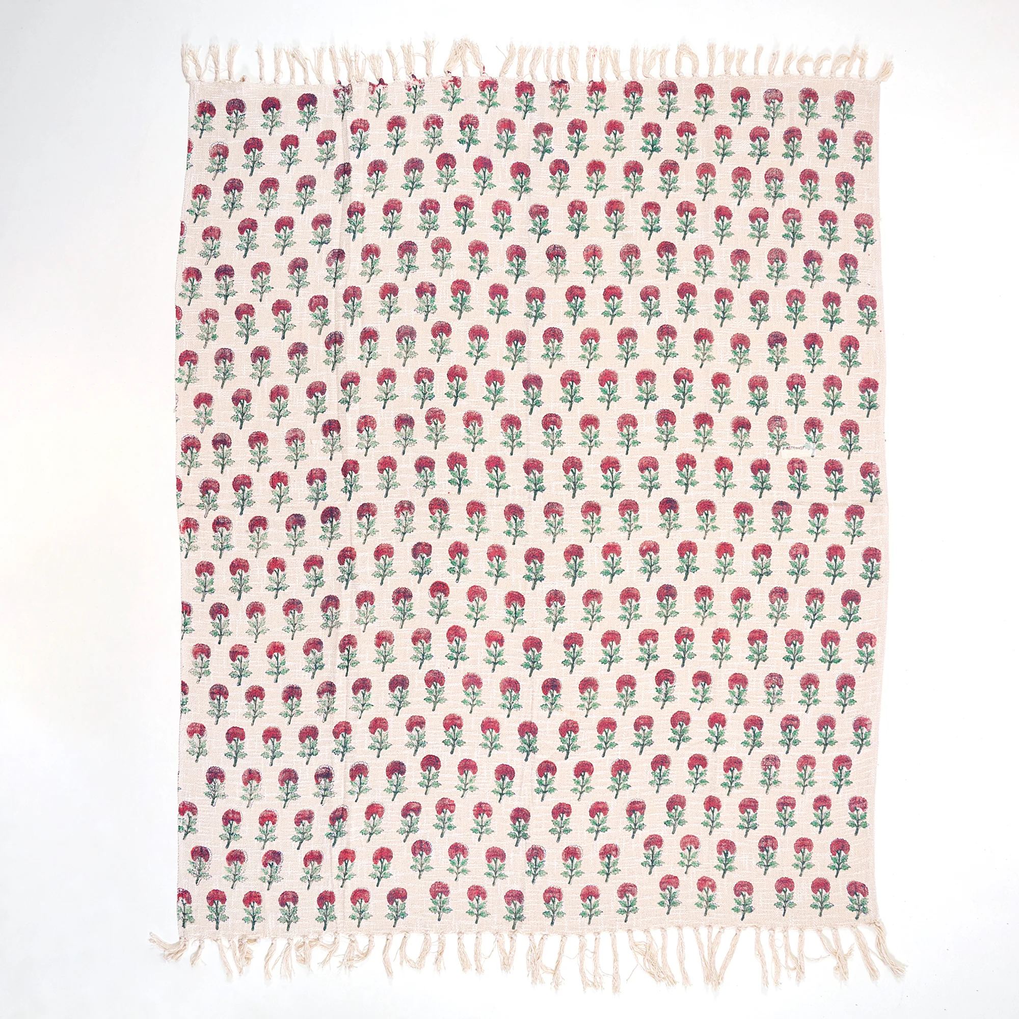 Handmade Block Printed Pure Cotton Red Floral Bed Throw Blanket - Image 3
