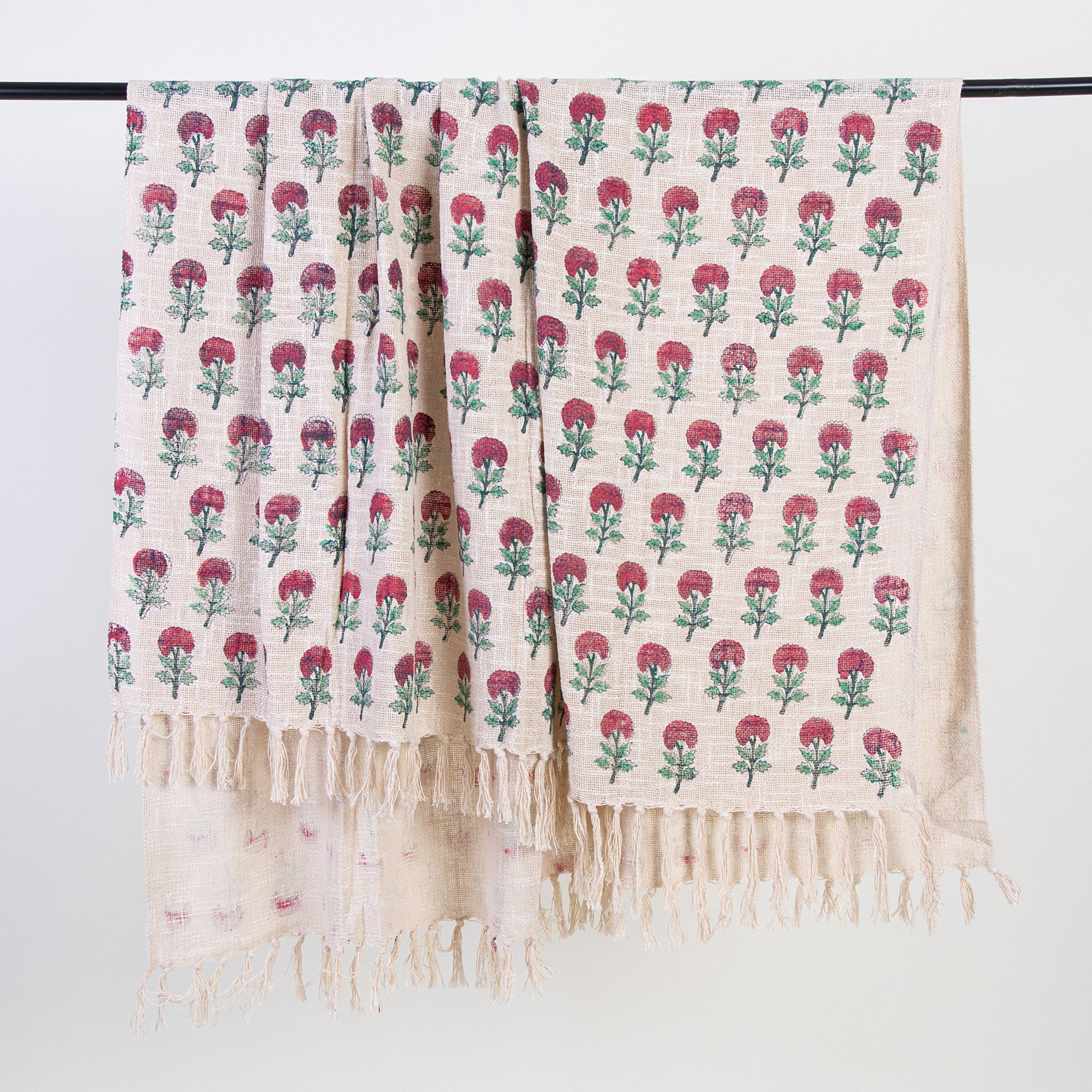 Handmade Block Printed Pure Cotton Red Floral Bed Throw Blanket - Image 5