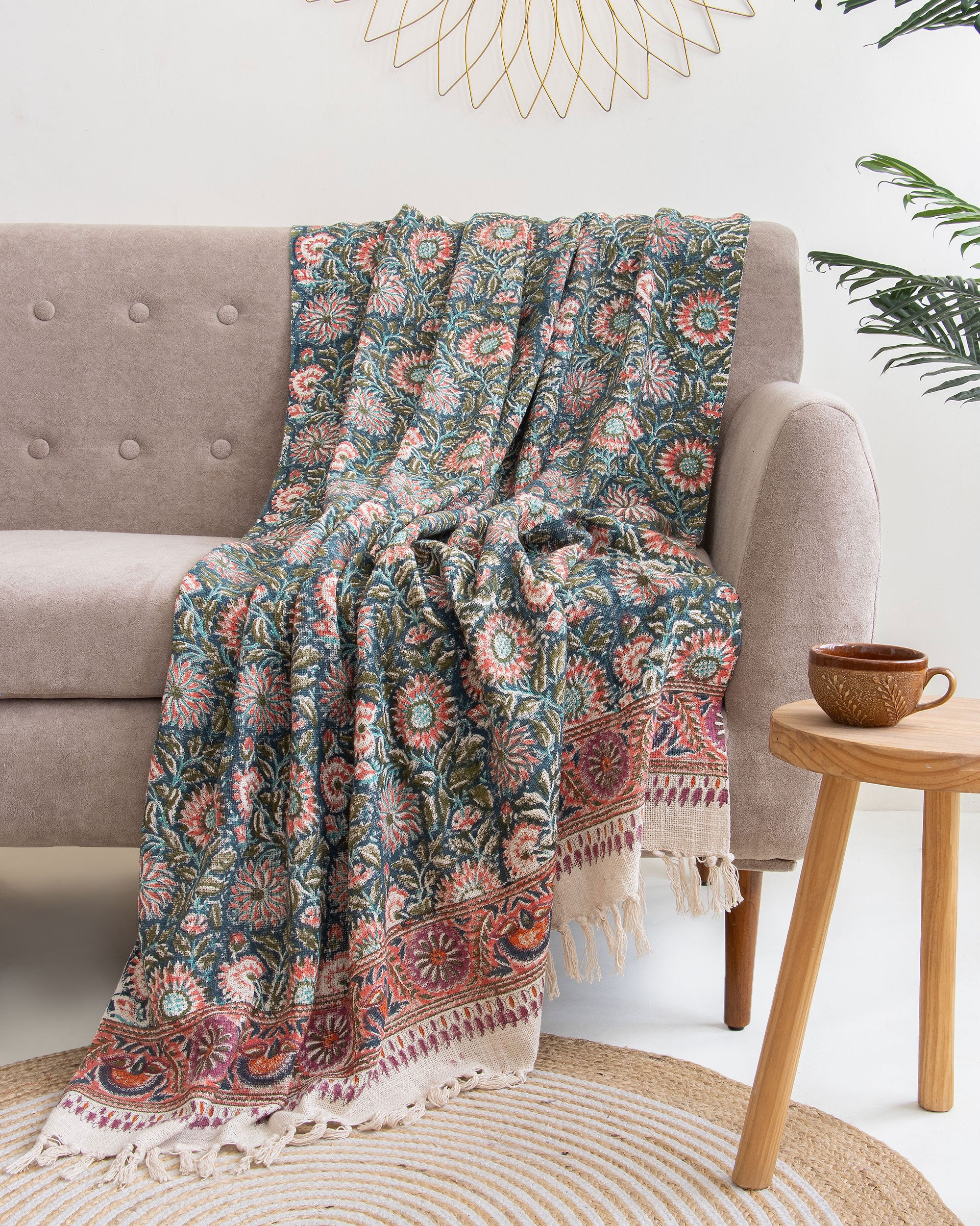 Indian Floral Hand Block Printed Pure Cotton Throw Blanket