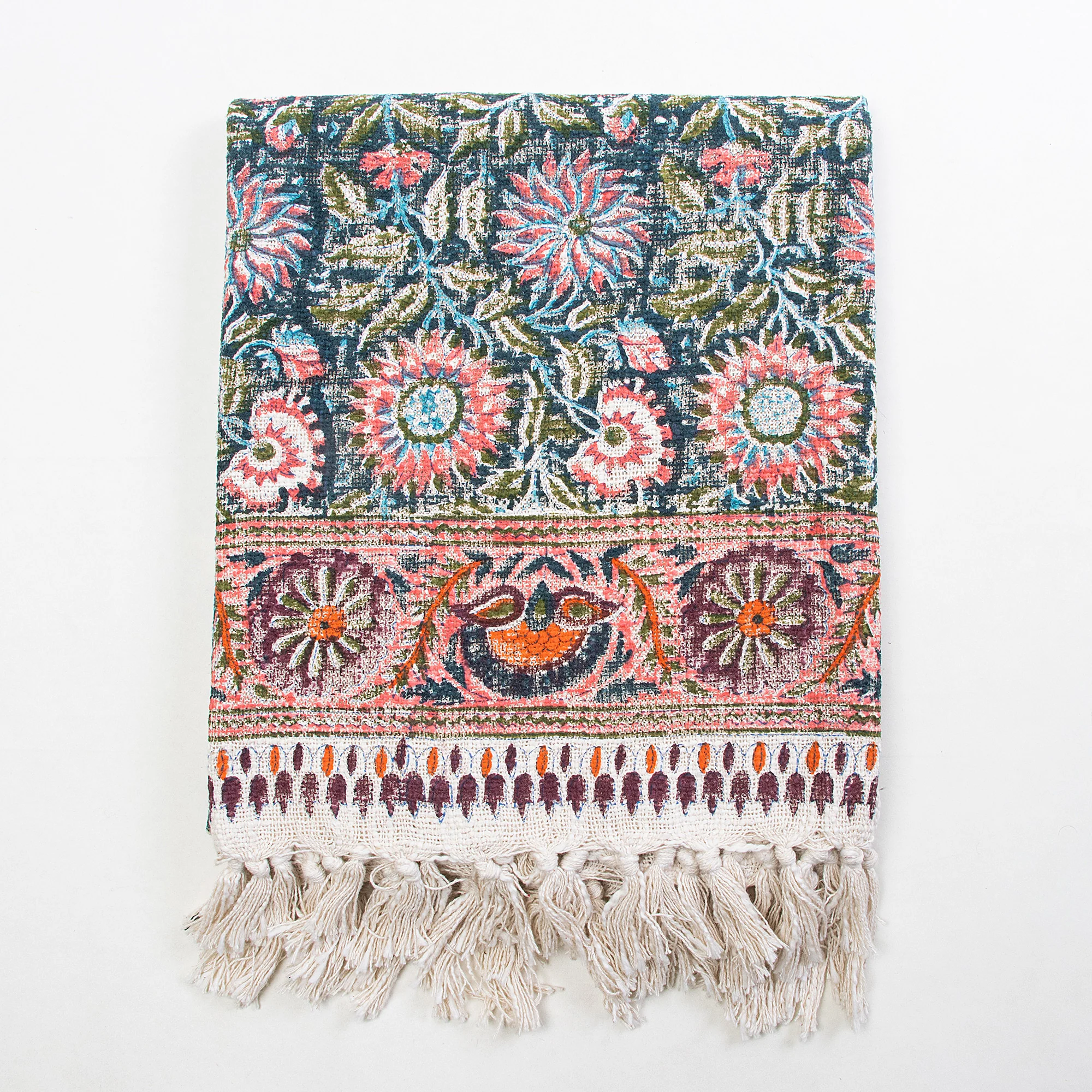 Indian Floral Hand Block Printed Pure Cotton Throw Blanket - Image 3