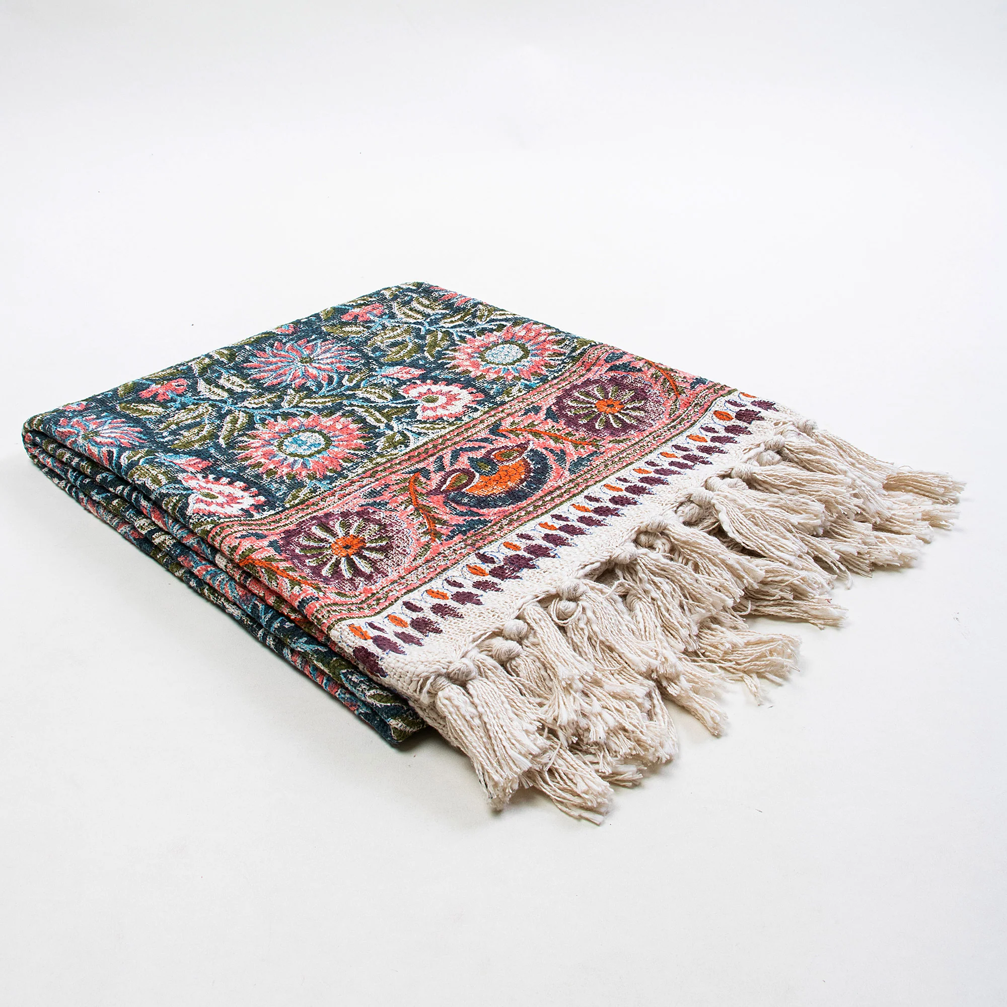 Indian Floral Hand Block Printed Pure Cotton Throw Blanket - Image 4