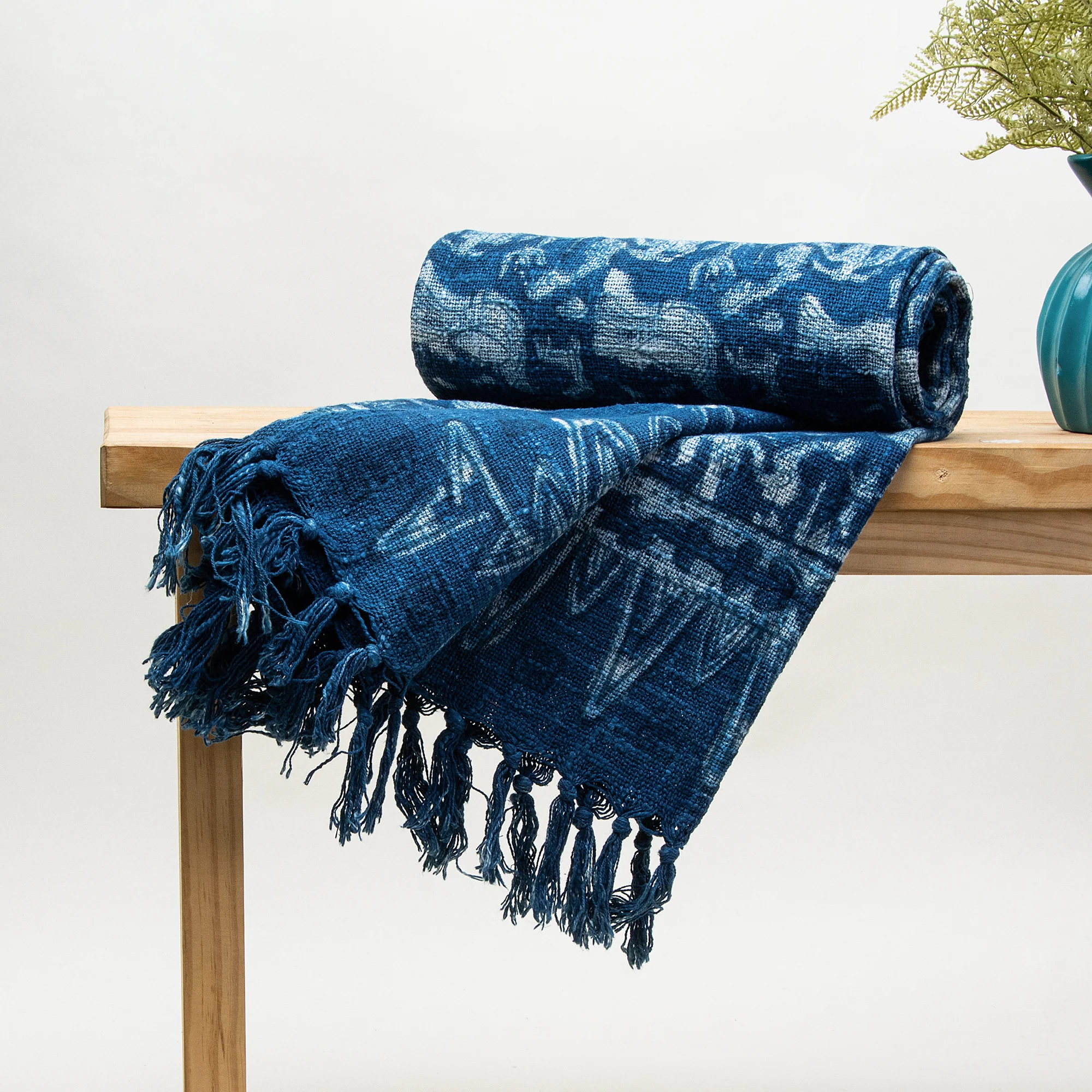 Stylish Indian Hand Block Bird Print Cotton Blue Throw Blankets - Image 2