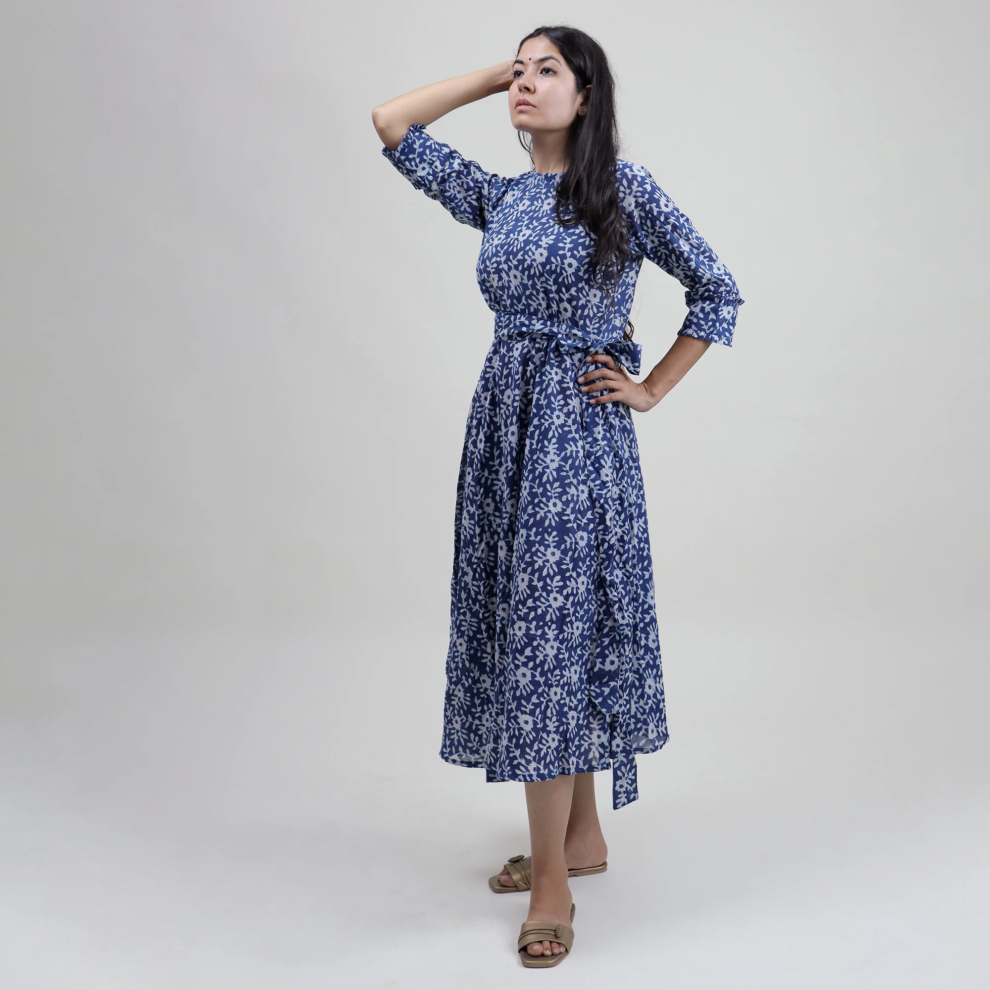 Indian Floral Cotton Midi Dress For Women's