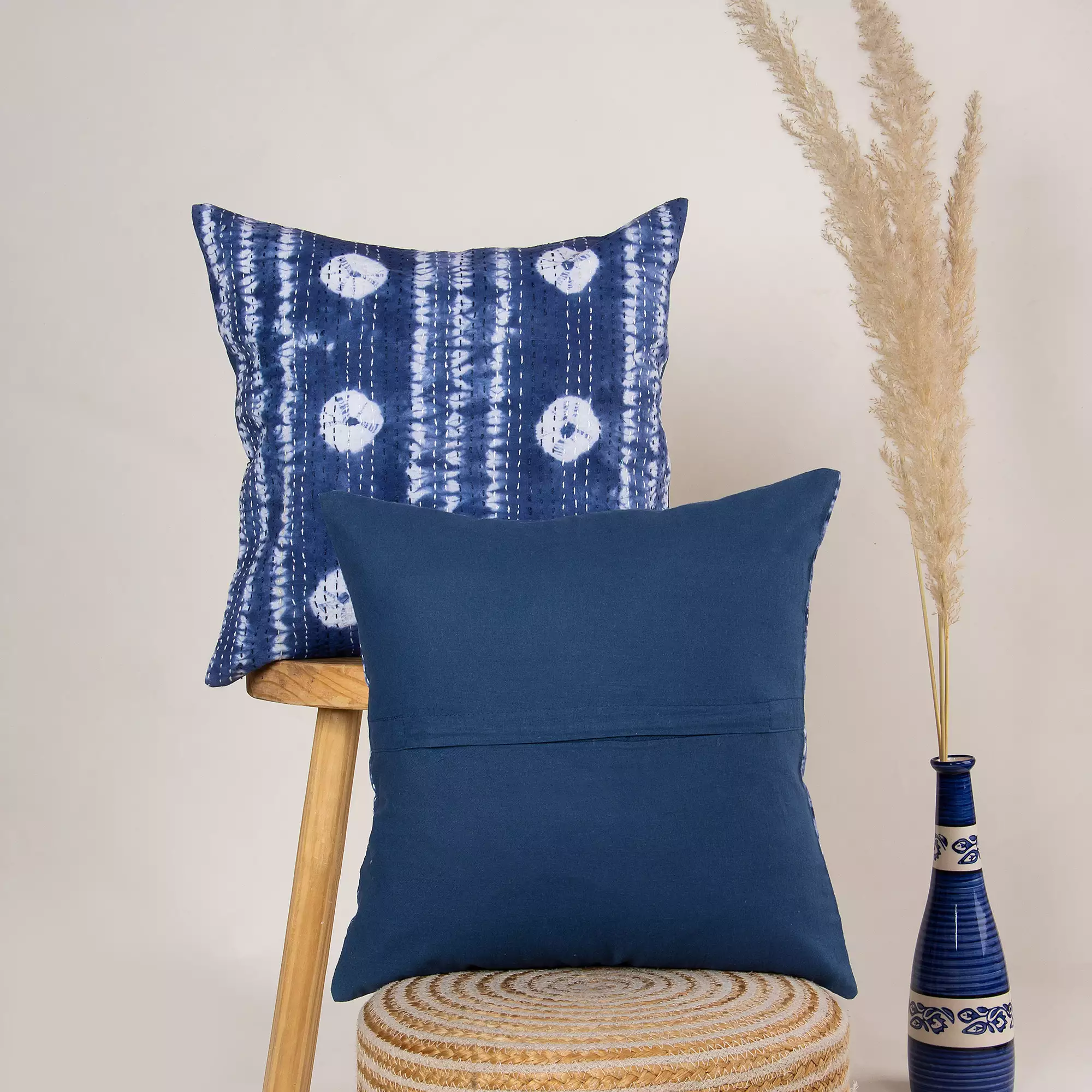 Indian Blue Tie Dye Pure Cotton Kantha Quilted Cushion Cover - Image 3