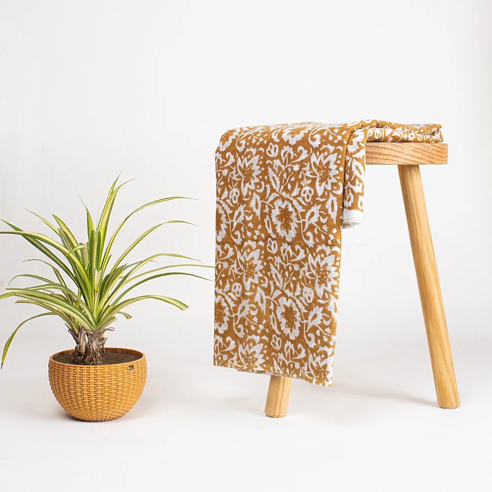 Indian Brown Floral Cotton Hand Block Printed Fabric