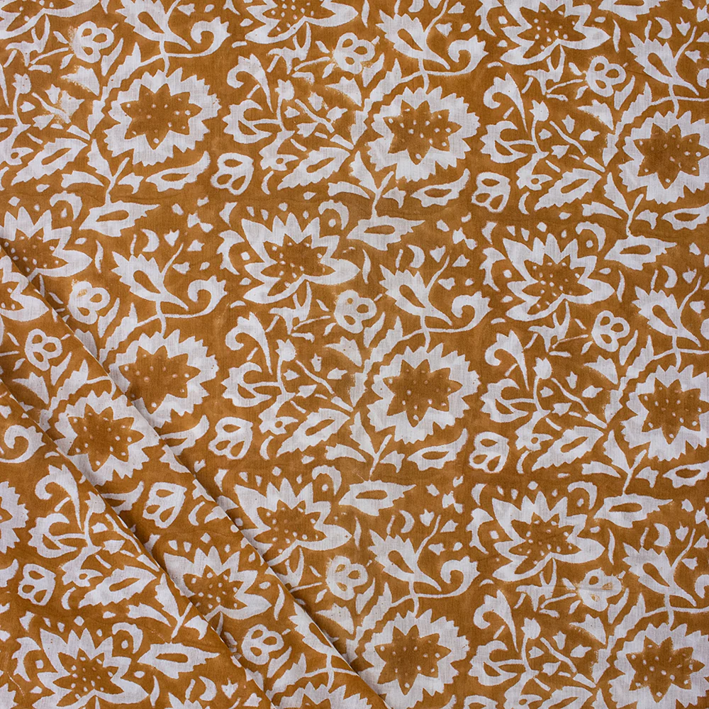 Indian Brown Floral Cotton Hand Block Printed Fabric - Image 2