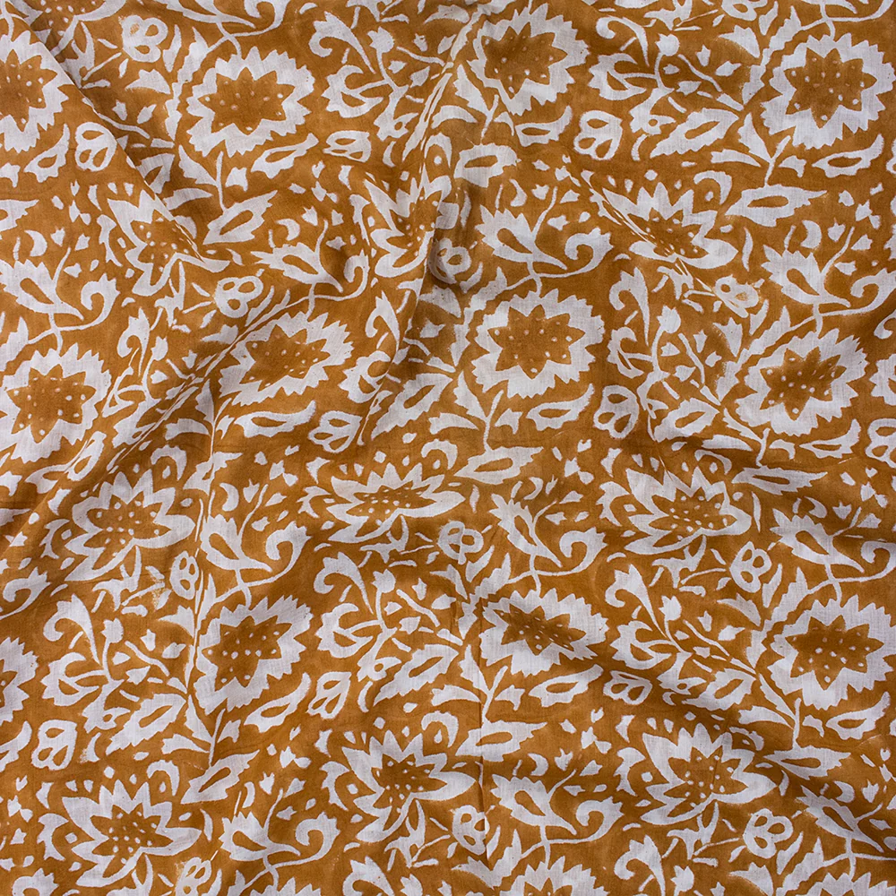 Indian Brown Floral Cotton Hand Block Printed Fabric - Image 3