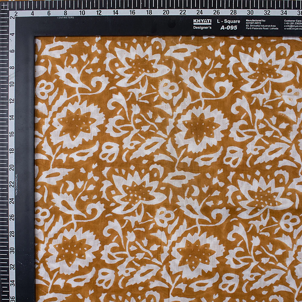 Indian Brown Floral Cotton Hand Block Printed Fabric - Image 4