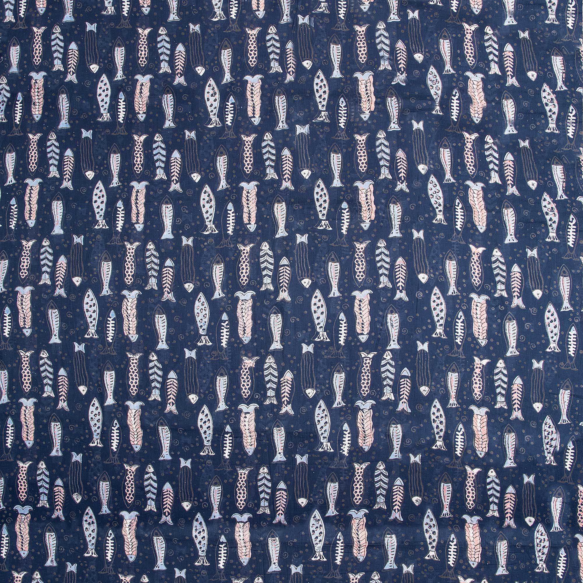 Indian Fish Indigo Hand Block Print Cotton Fabric - Image 4
