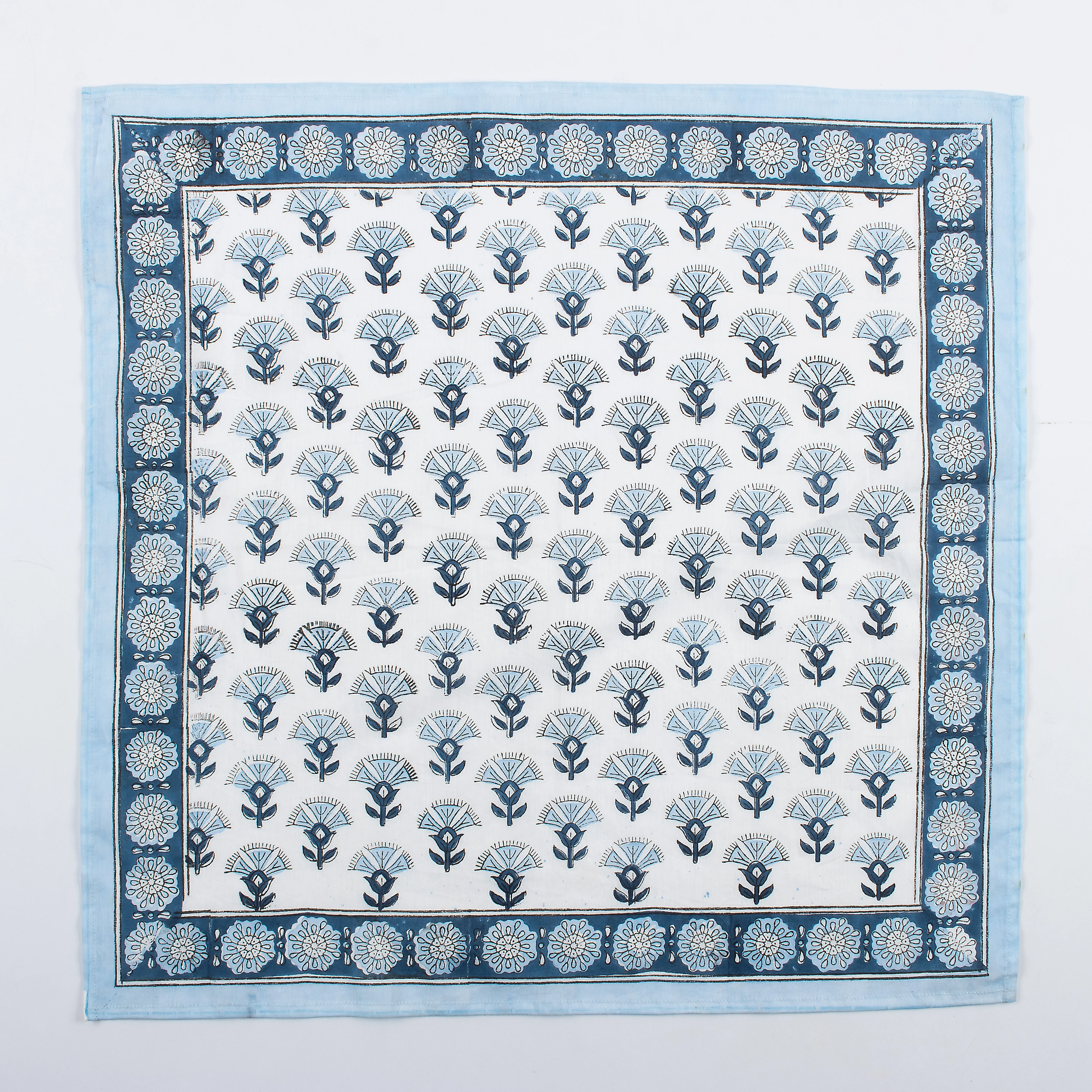 Blue Floral Indian Handmade Block Printed Cotton Border Bandanas for Men
