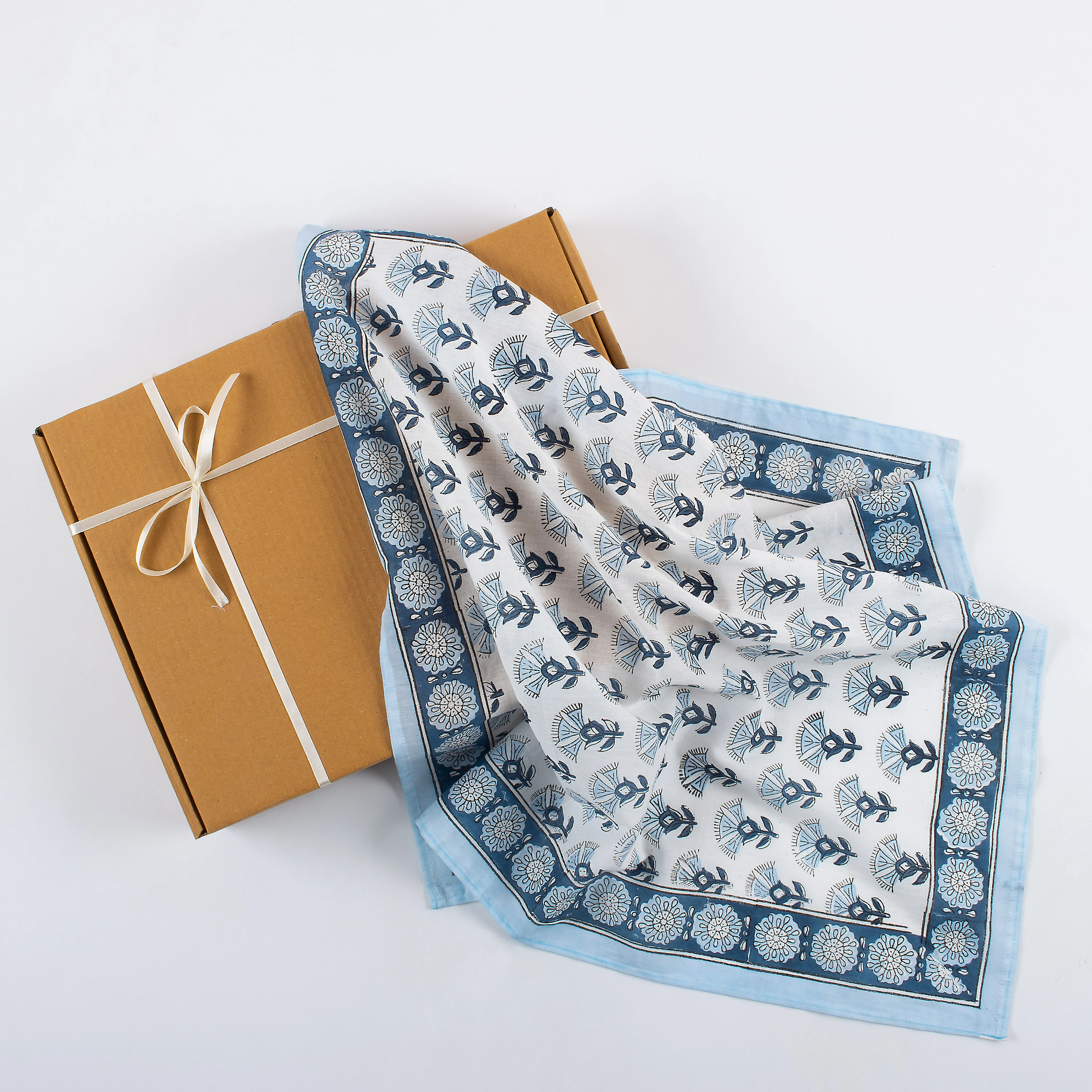 Blue Floral Indian Handmade Block Printed Cotton Border Bandanas for Men - Image 3