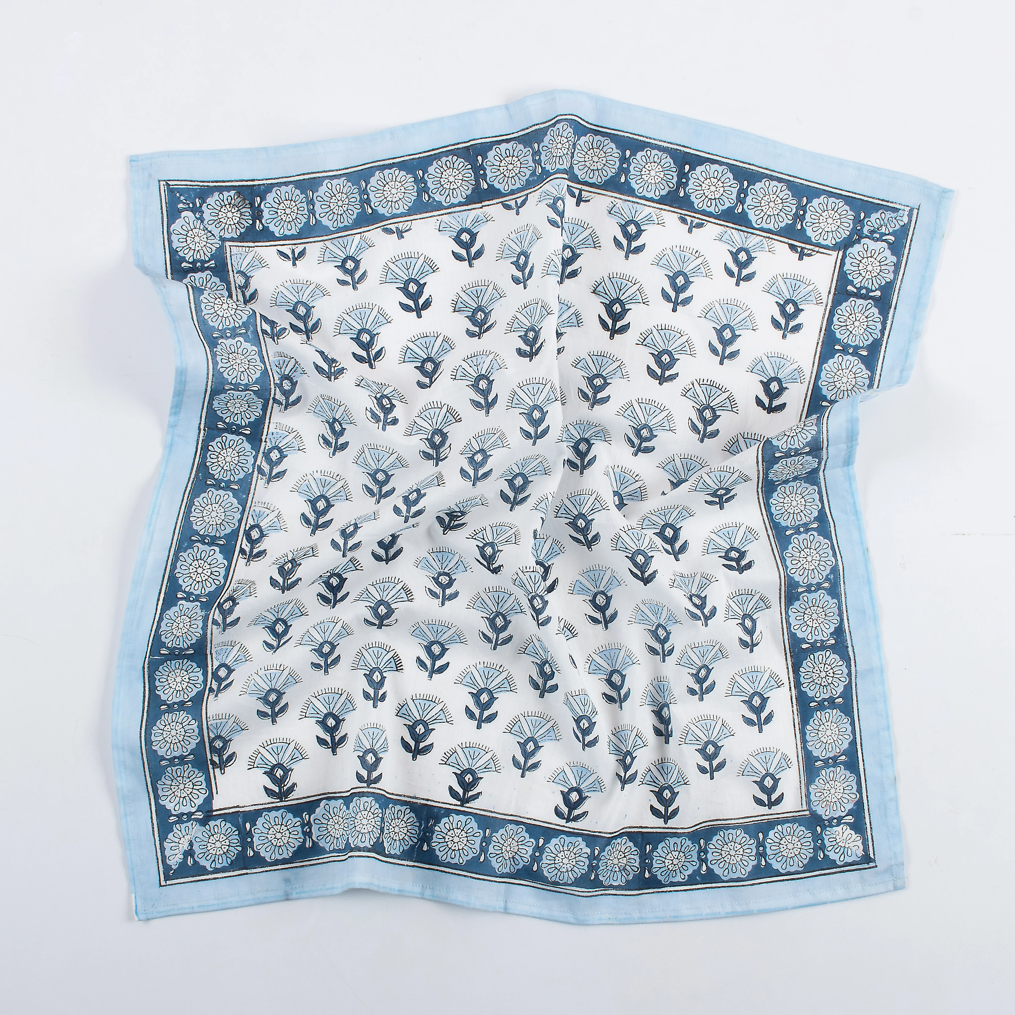 Blue Floral Indian Handmade Block Printed Cotton Border Bandanas for Men - Image 6