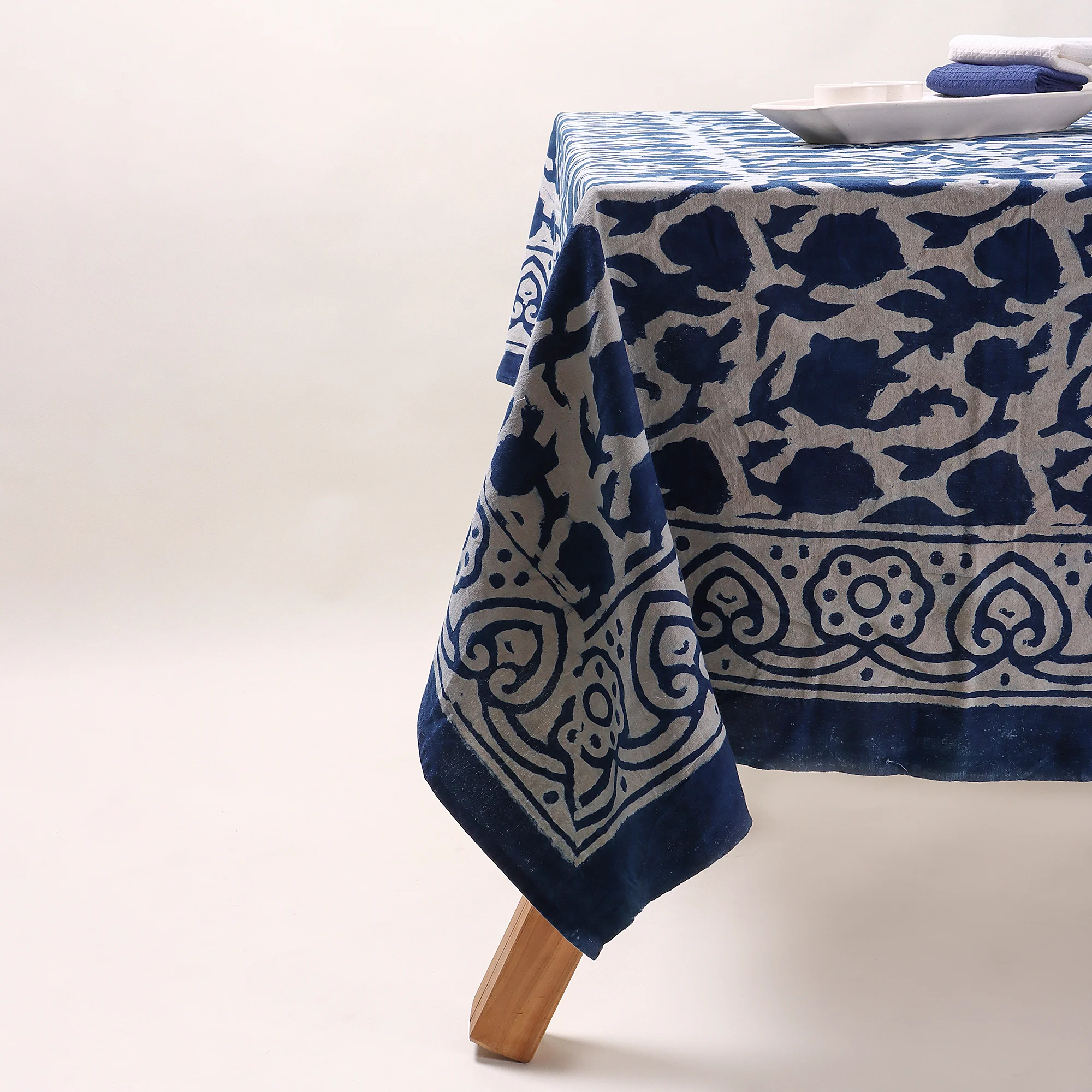 Indian Indigo Blue Hand Block Printed Cotton Dining Table Cover - Image 3