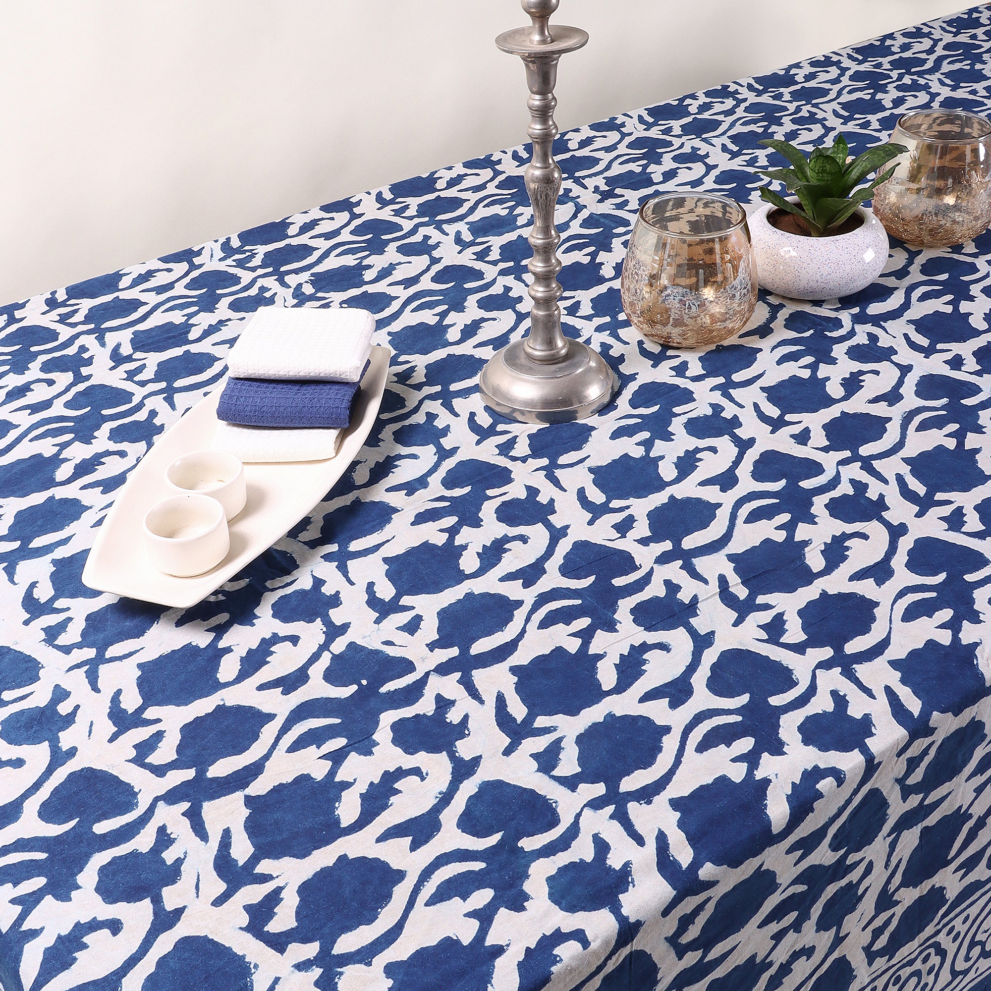 Indian Indigo Blue Hand Block Printed Cotton Dining Table Cover - Image 5