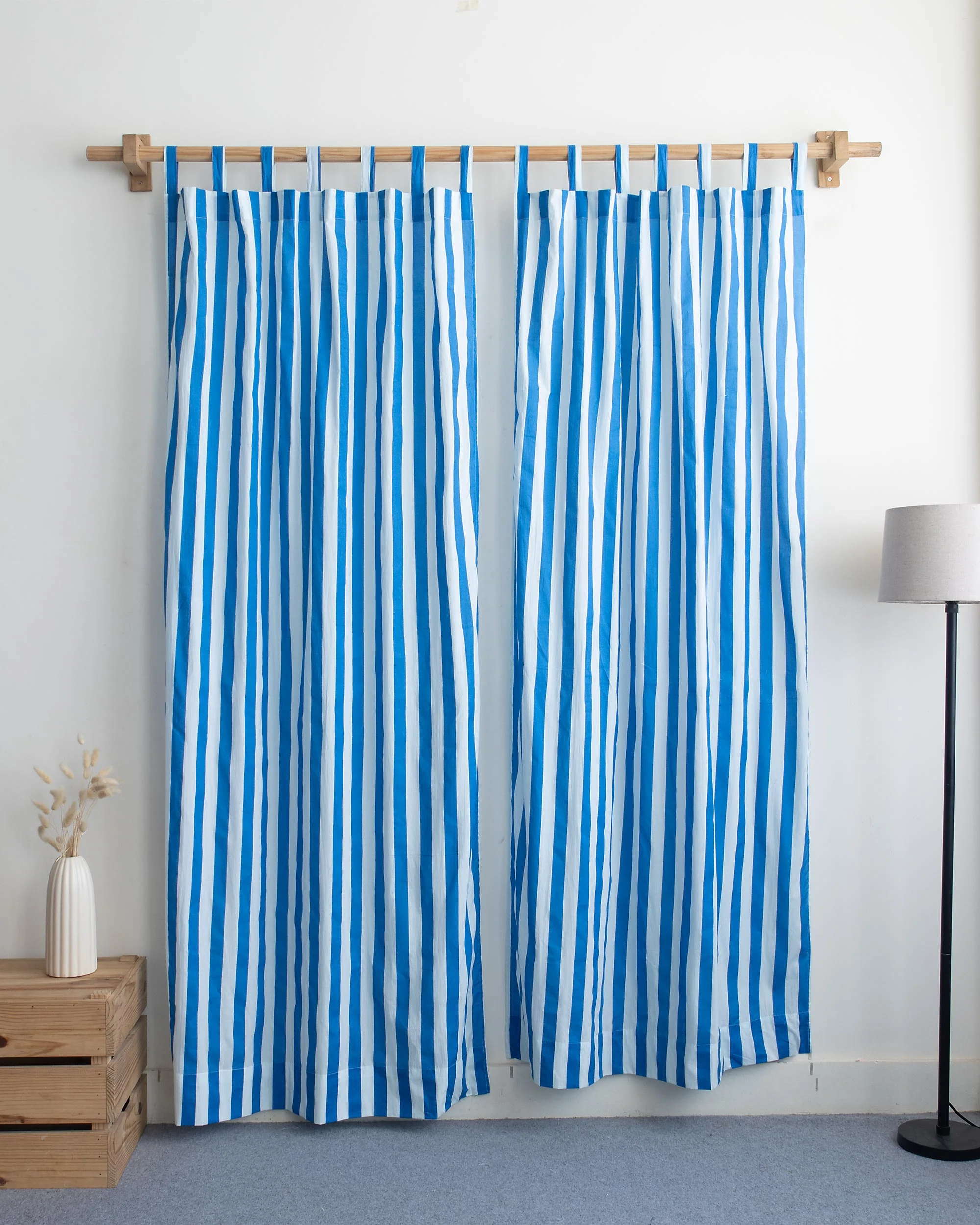 Sky Blue Striped Block Printed Pure Cotton Curtains - Image 2