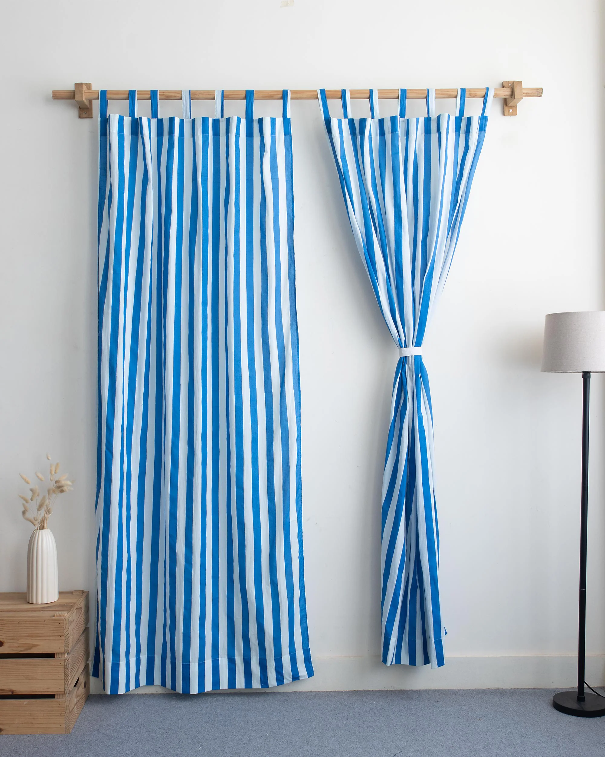 Sky Blue Striped Block Printed Pure Cotton Curtains - Image 3