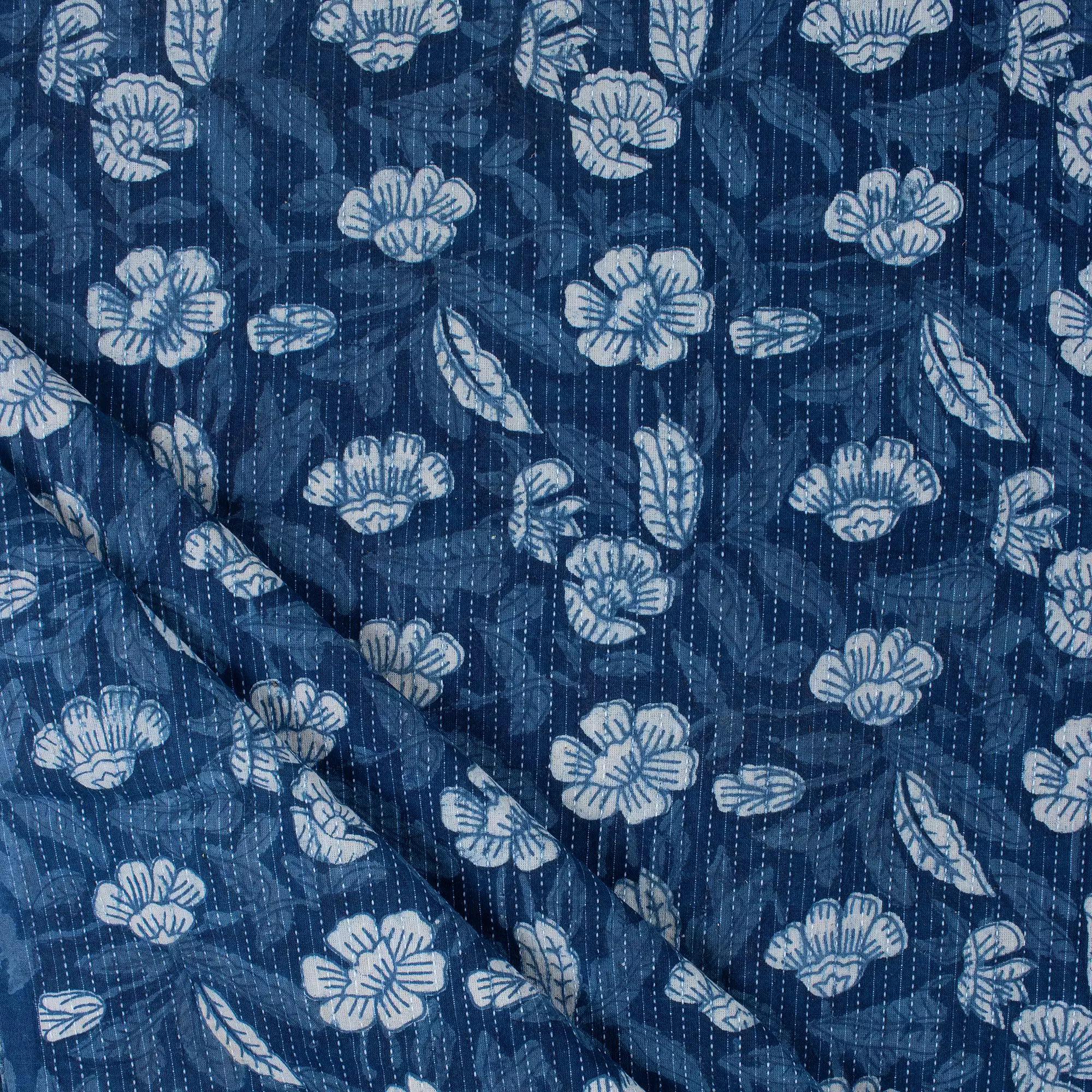 Indian Block Printed Indigo Organic Natural Cotton Kantha Fabric
