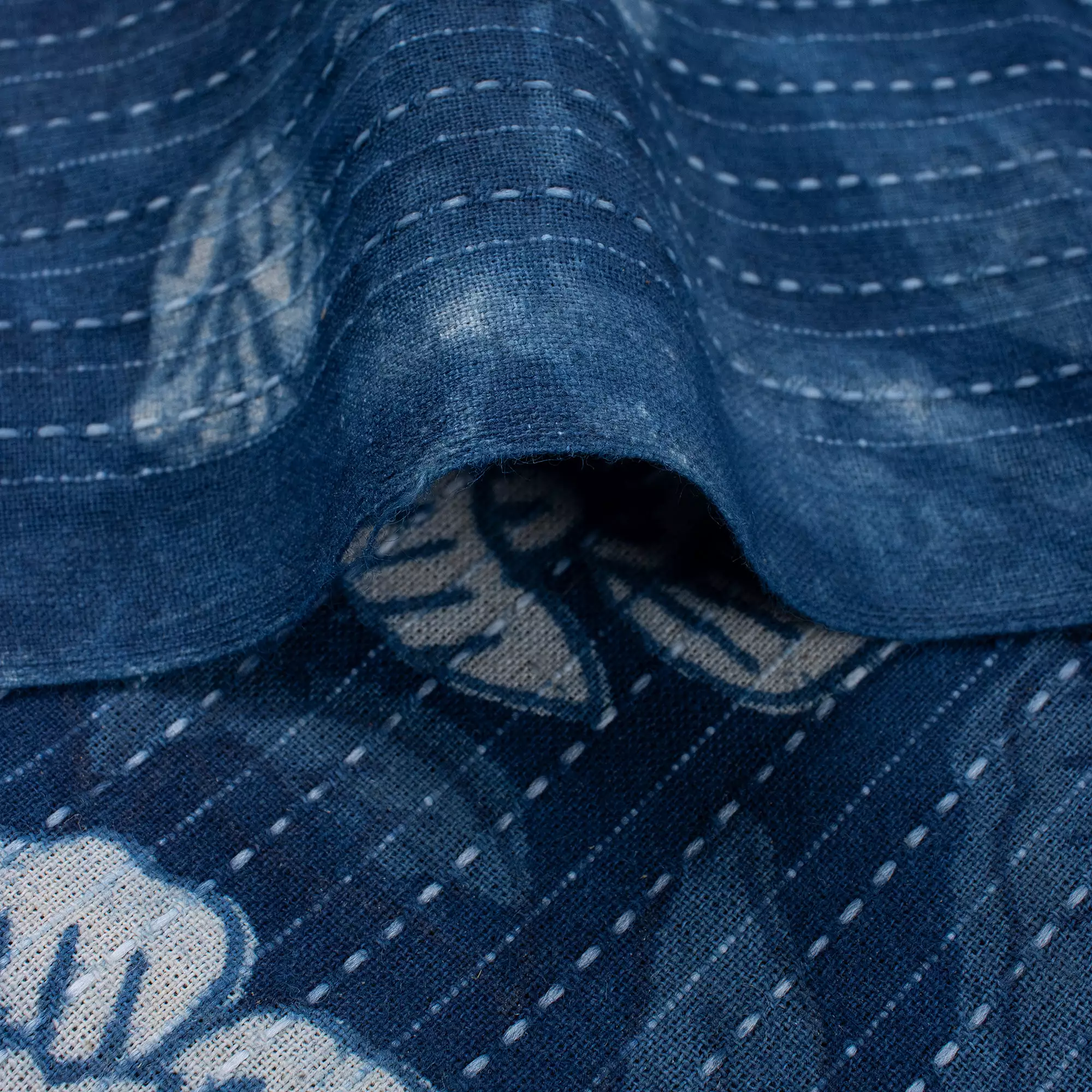 Indian Block Printed Indigo Organic Natural Cotton Kantha Fabric - Image 2