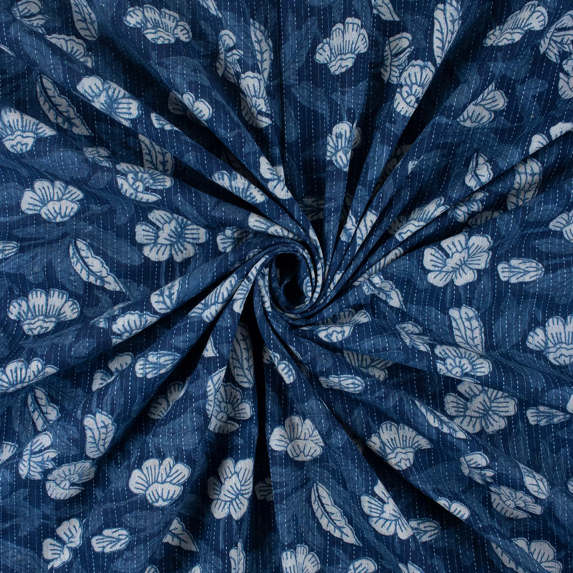 Indian Block Printed Indigo Organic Natural Cotton Kantha Fabric - Image 4