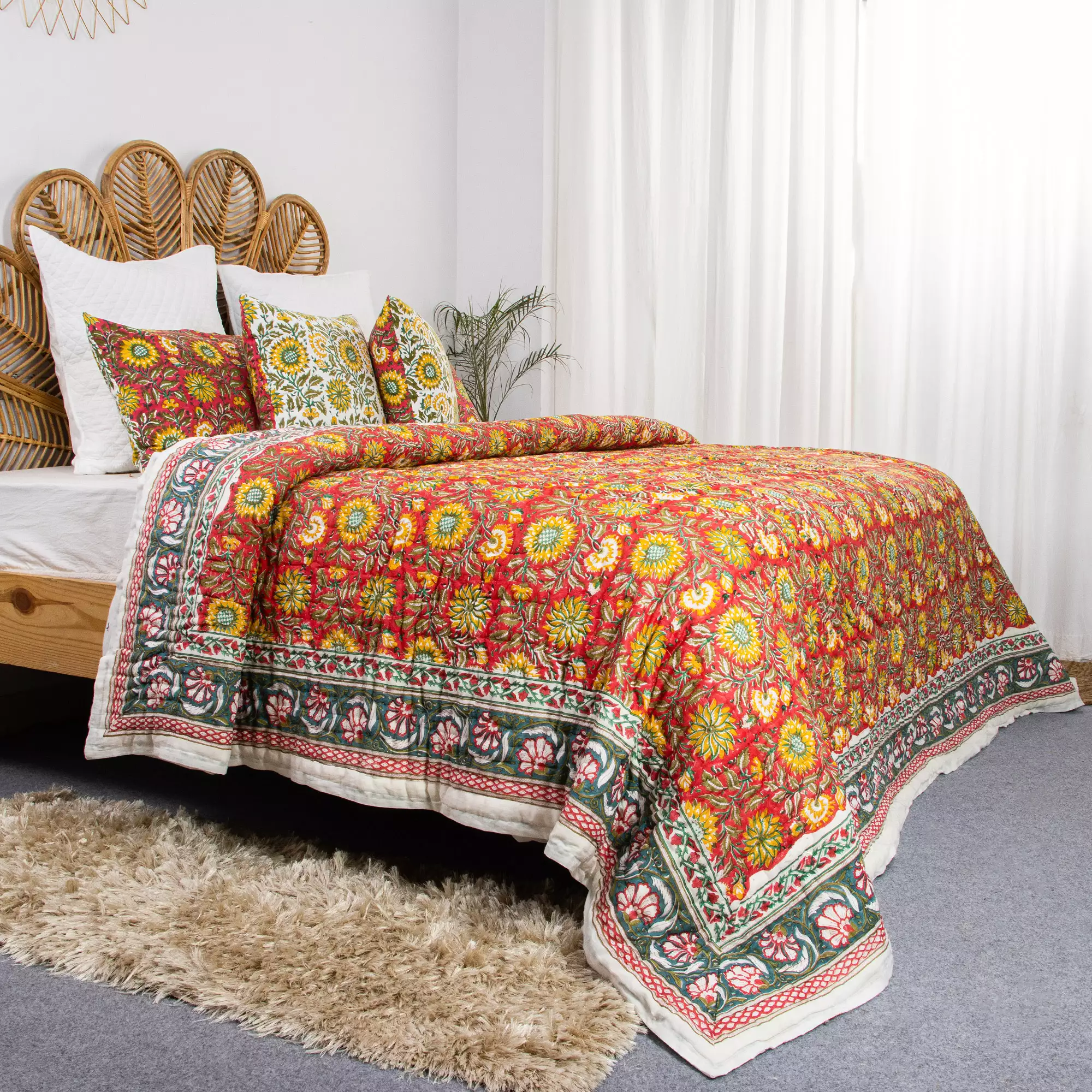 Indian Block Printed Reversible Organic Cotton Floral Jaipuri Quilt