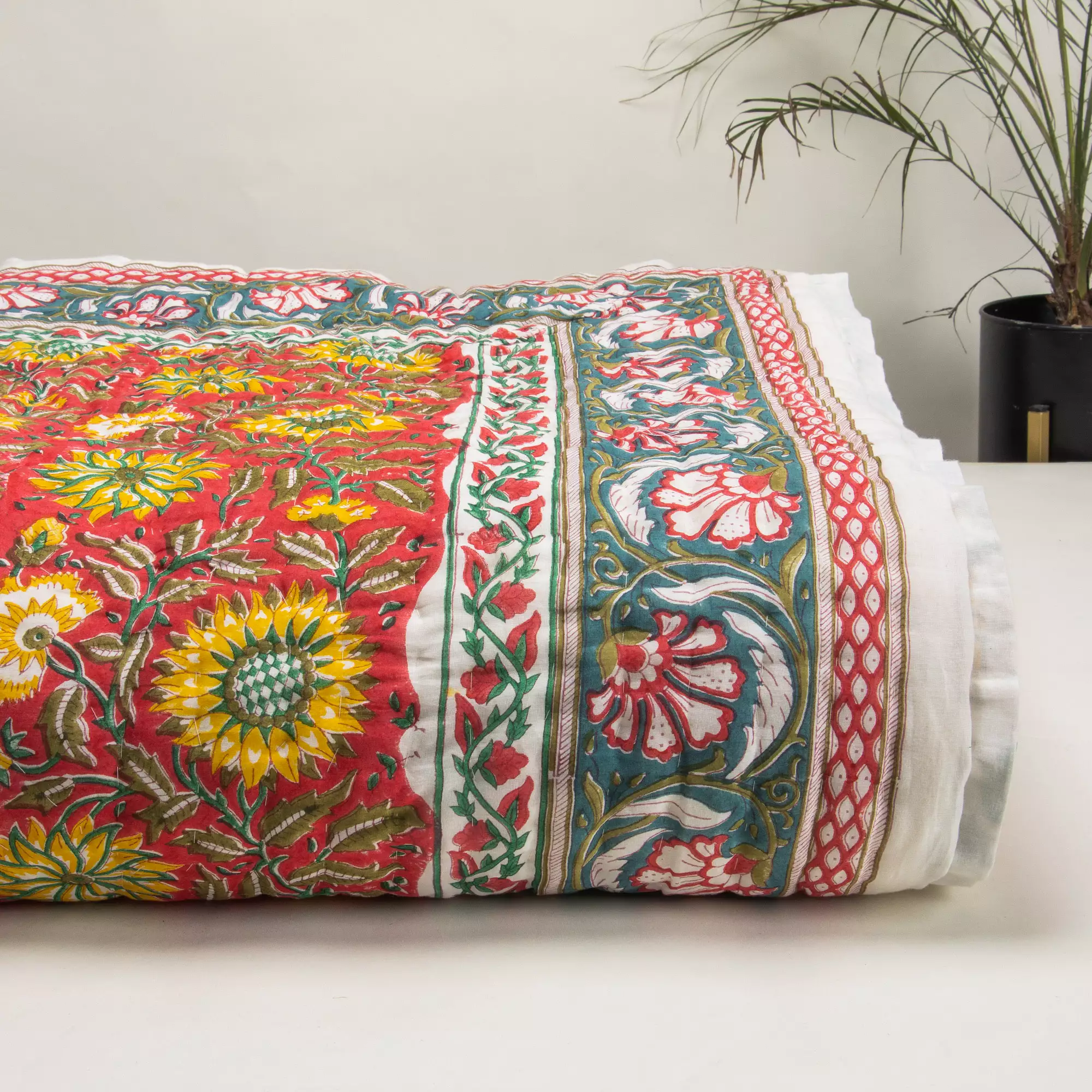 Indian Block Printed Reversible Organic Cotton Floral Jaipuri Quilt - Image 2