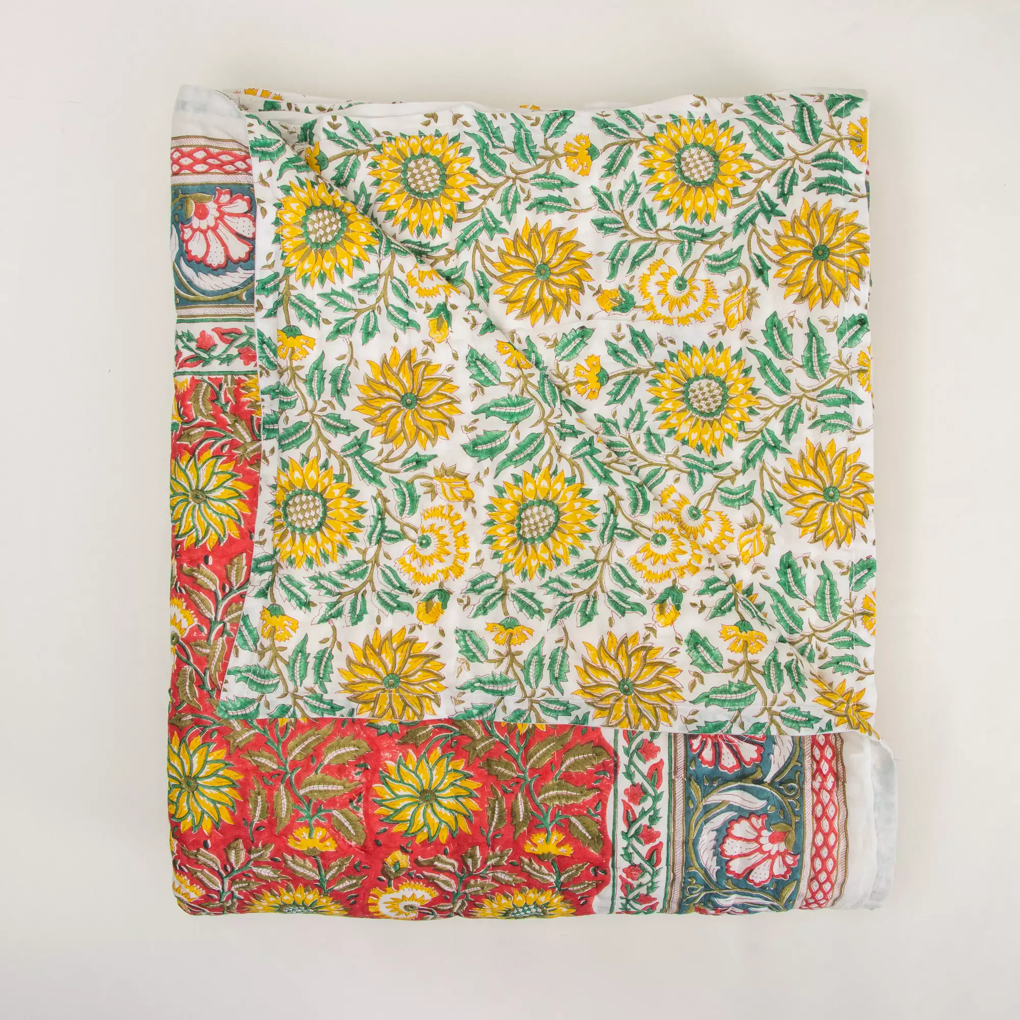 Indian Block Printed Reversible Organic Cotton Floral Jaipuri Quilt - Image 3