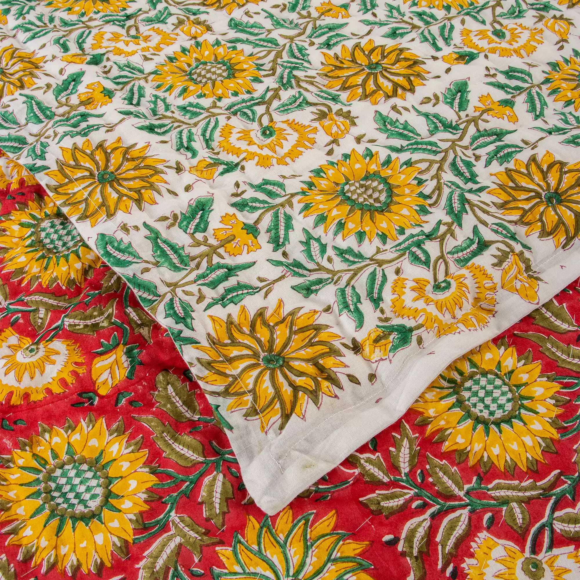 Indian Block Printed Reversible Organic Cotton Floral Jaipuri Quilt - Image 4