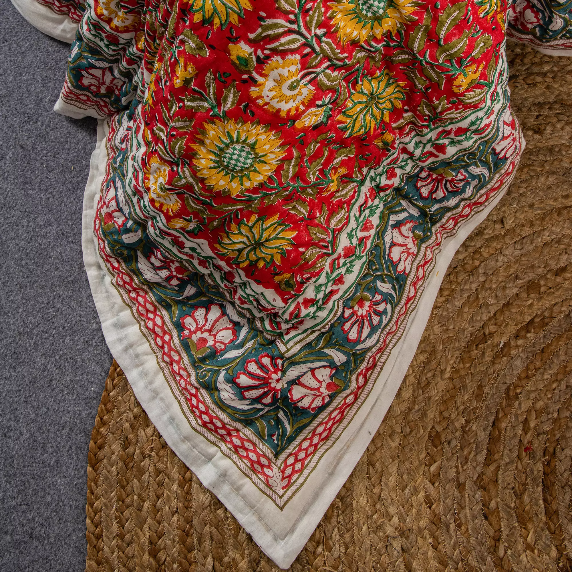 Indian Block Printed Reversible Organic Cotton Floral Jaipuri Quilt - Image 5