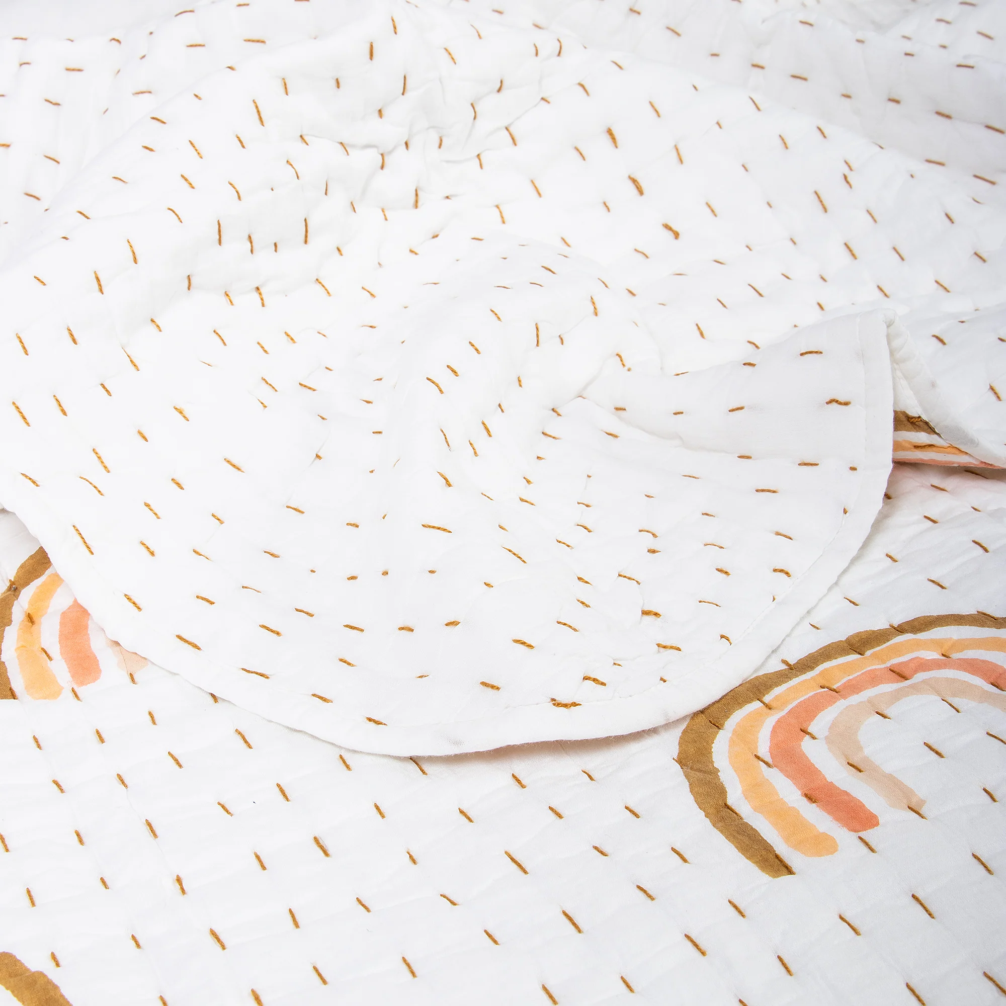 Indian Rainbow Hand Block Printed Cotton Kantha Quilt - Image 3
