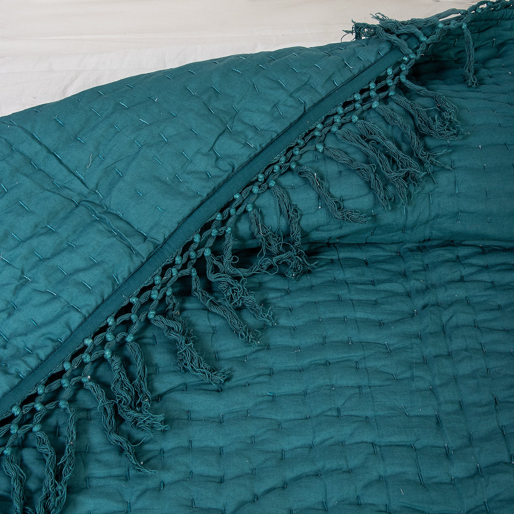 Indian Solid Teal Cotton Kantha Quilt Blanket - Image 2
