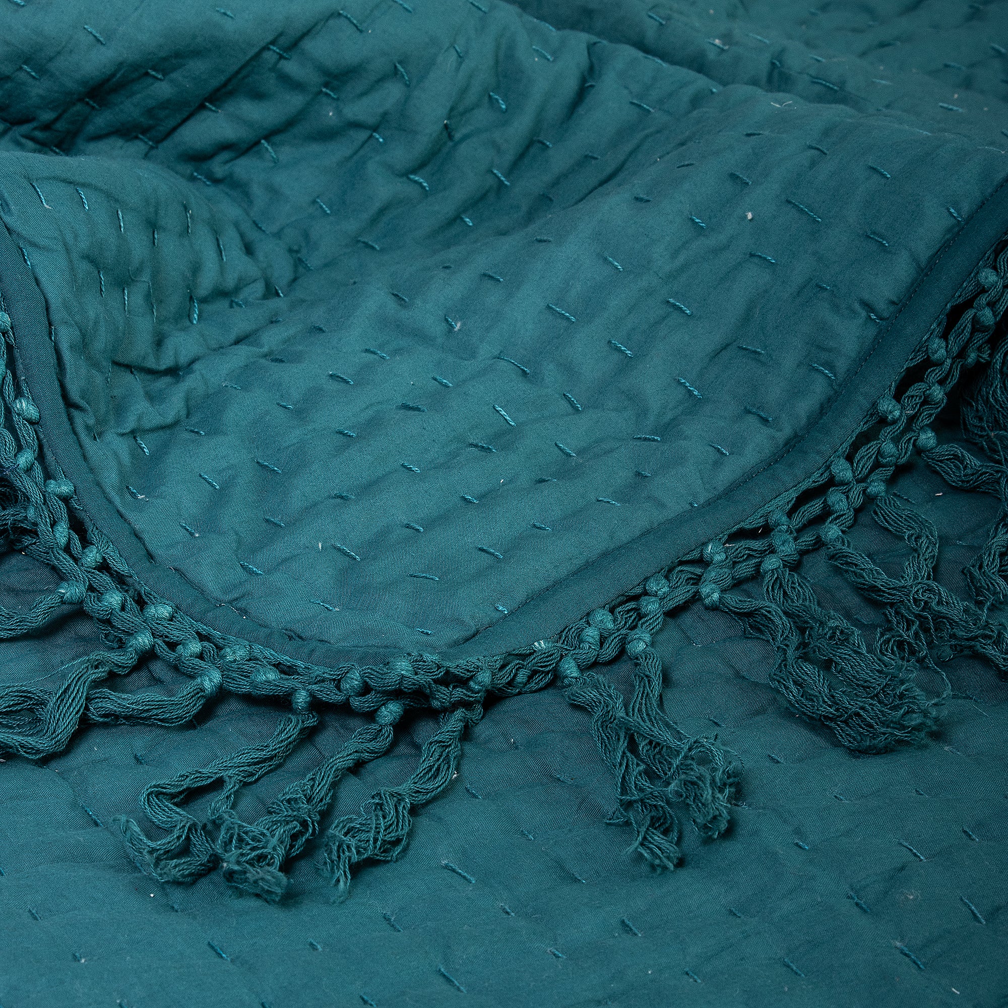 Indian Solid Teal Cotton Kantha Quilt Blanket - Image 6