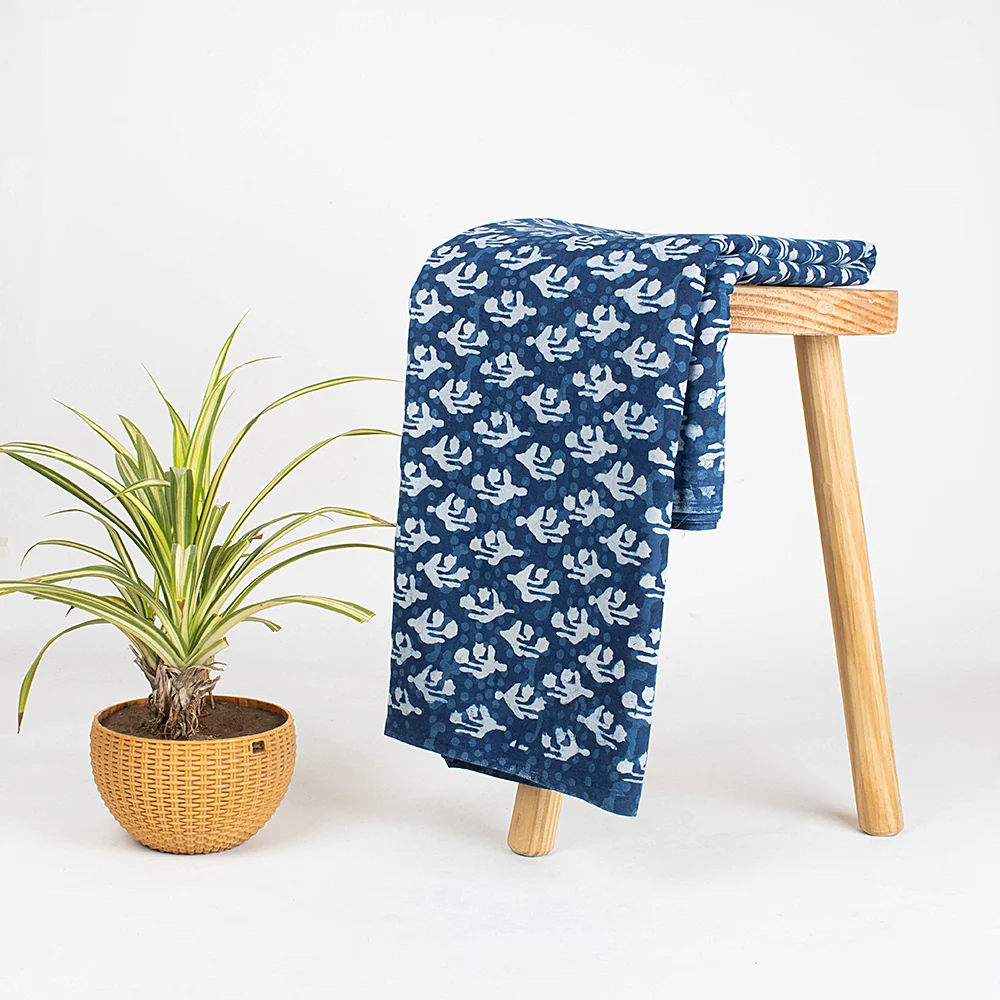 Pure Cotton Indian Hand Printed Indigo Blue Floral Light Weighted Cotton Fabric for Dress - Image 6