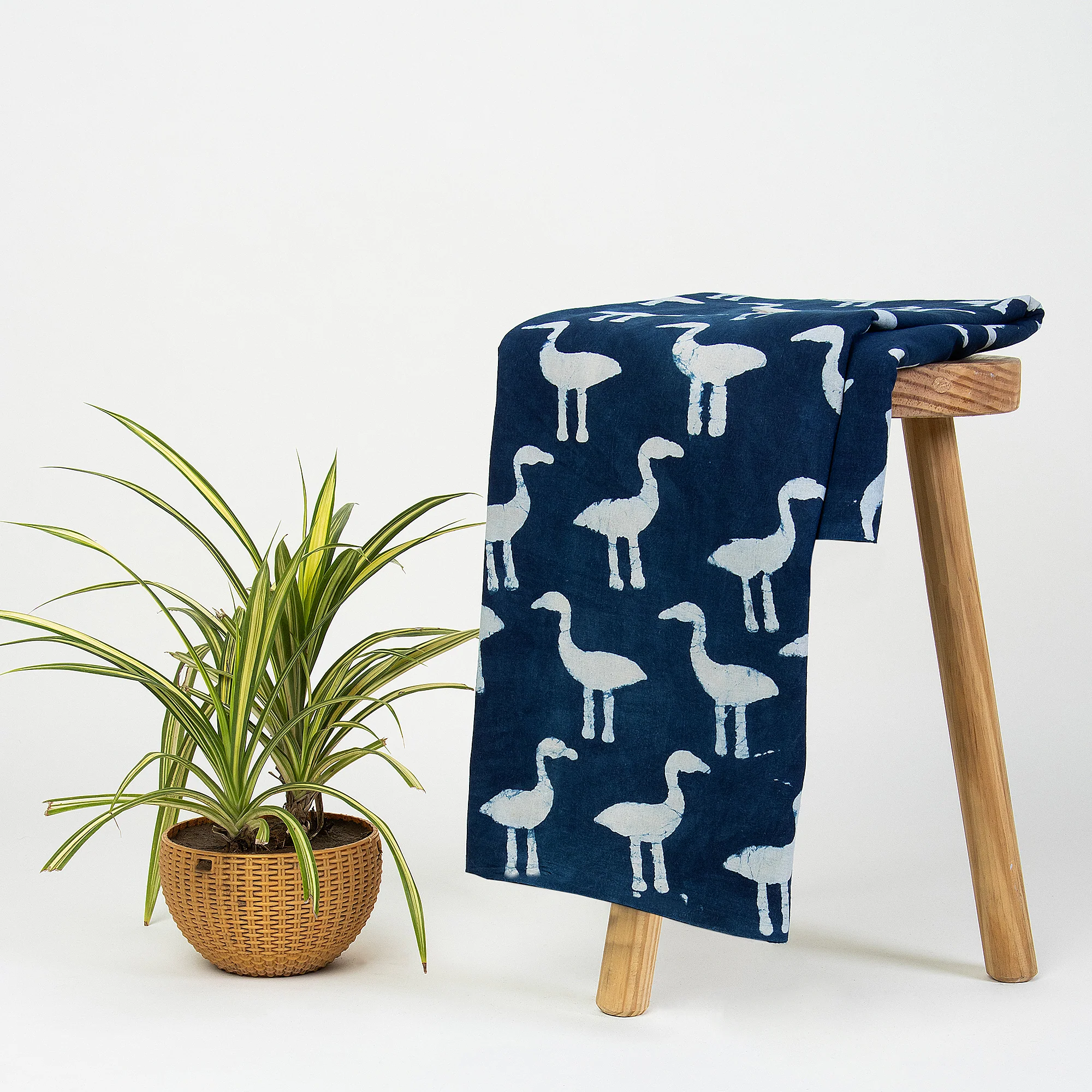 Luxury Indian Hand Printed Pure Cotton Indigo Blue Flamingo Bird Fabric Cloth - Image 6