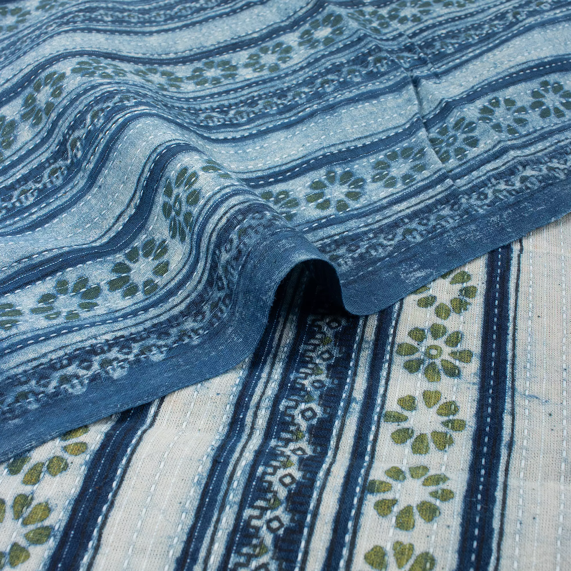 Indigo Blue India Block Printed Cotton Kantha Fabric - Image 2