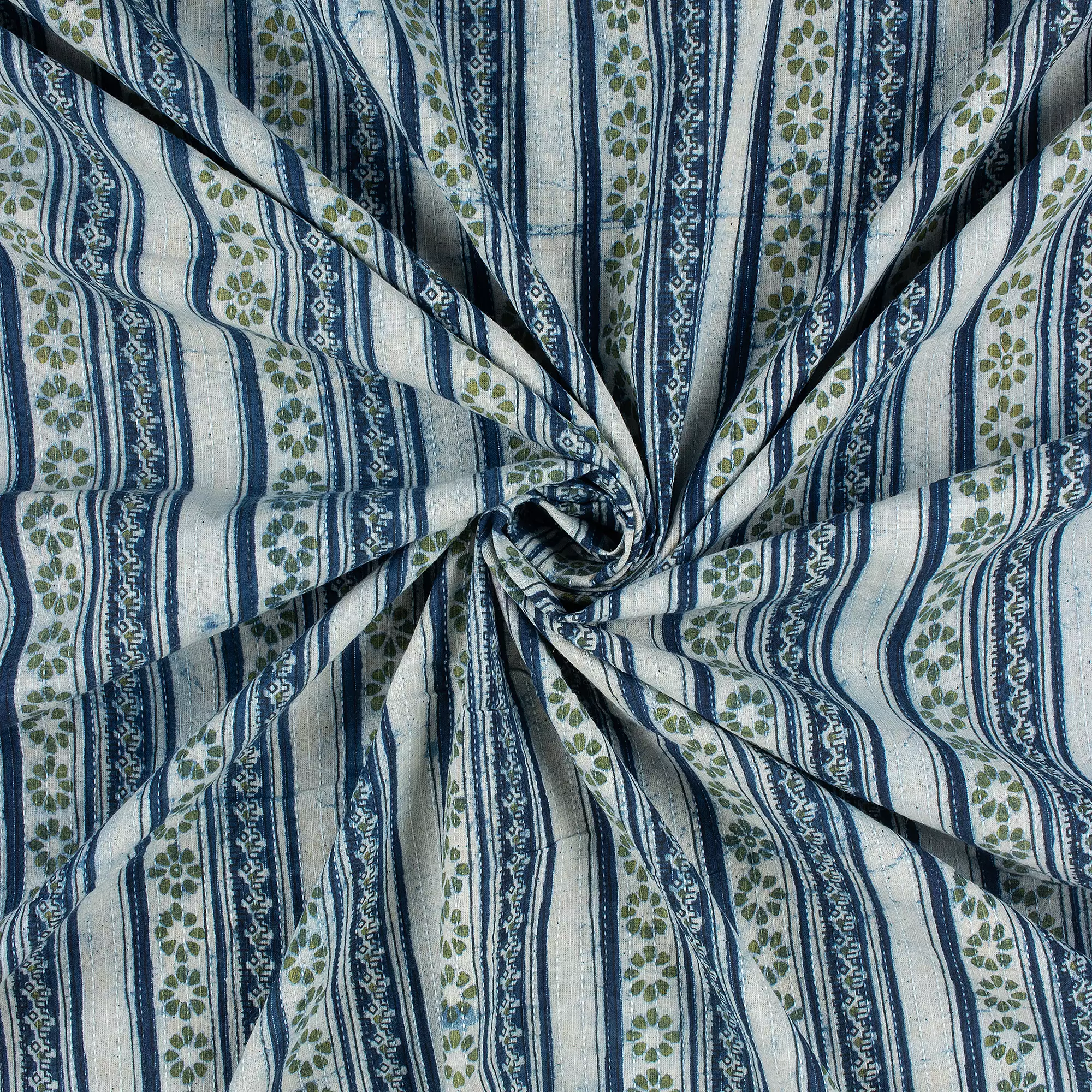 Indigo Blue India Block Printed Cotton Kantha Fabric - Image 4