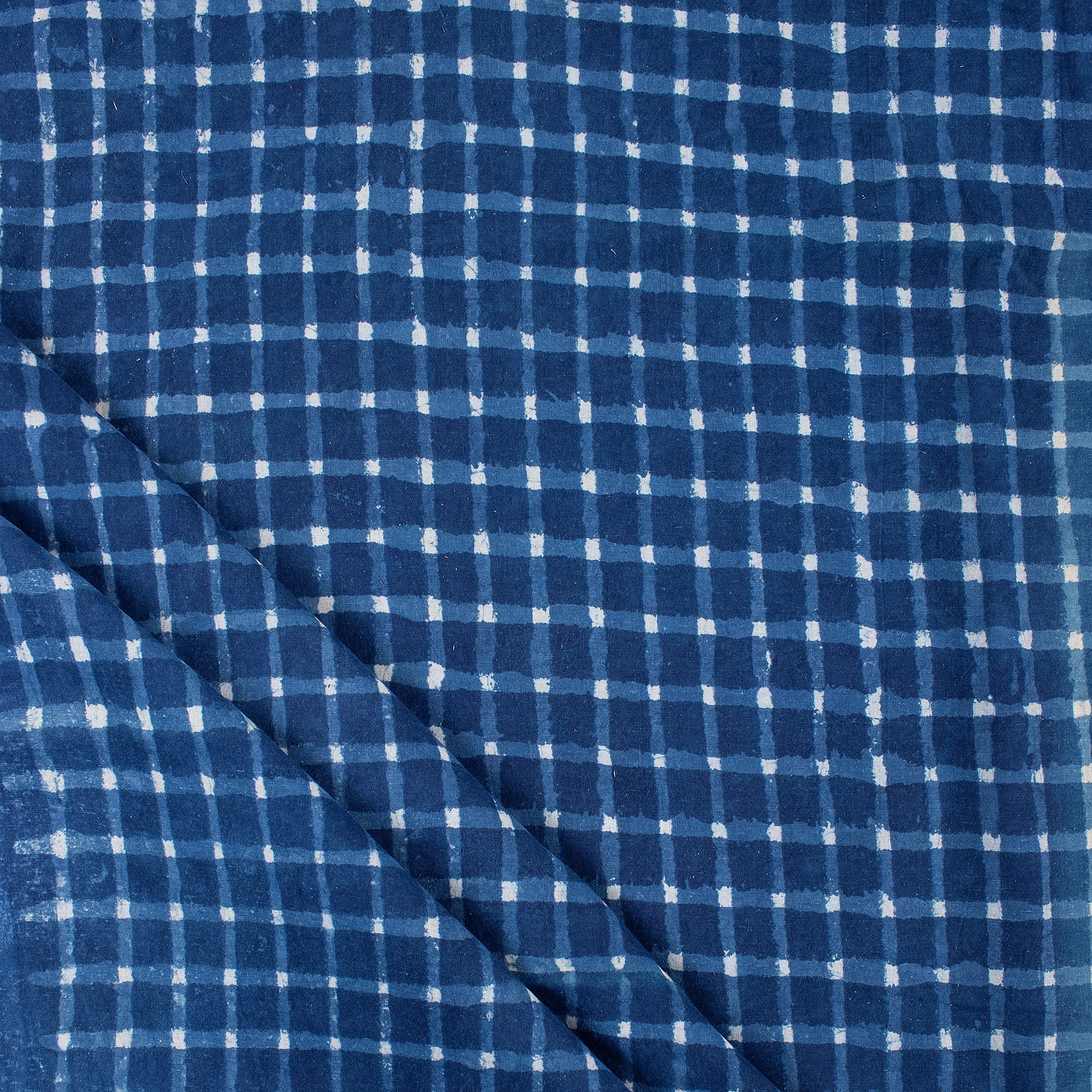 Indigo Blue Dabu Checks Print Hand Blocked Cotton Running Fabric