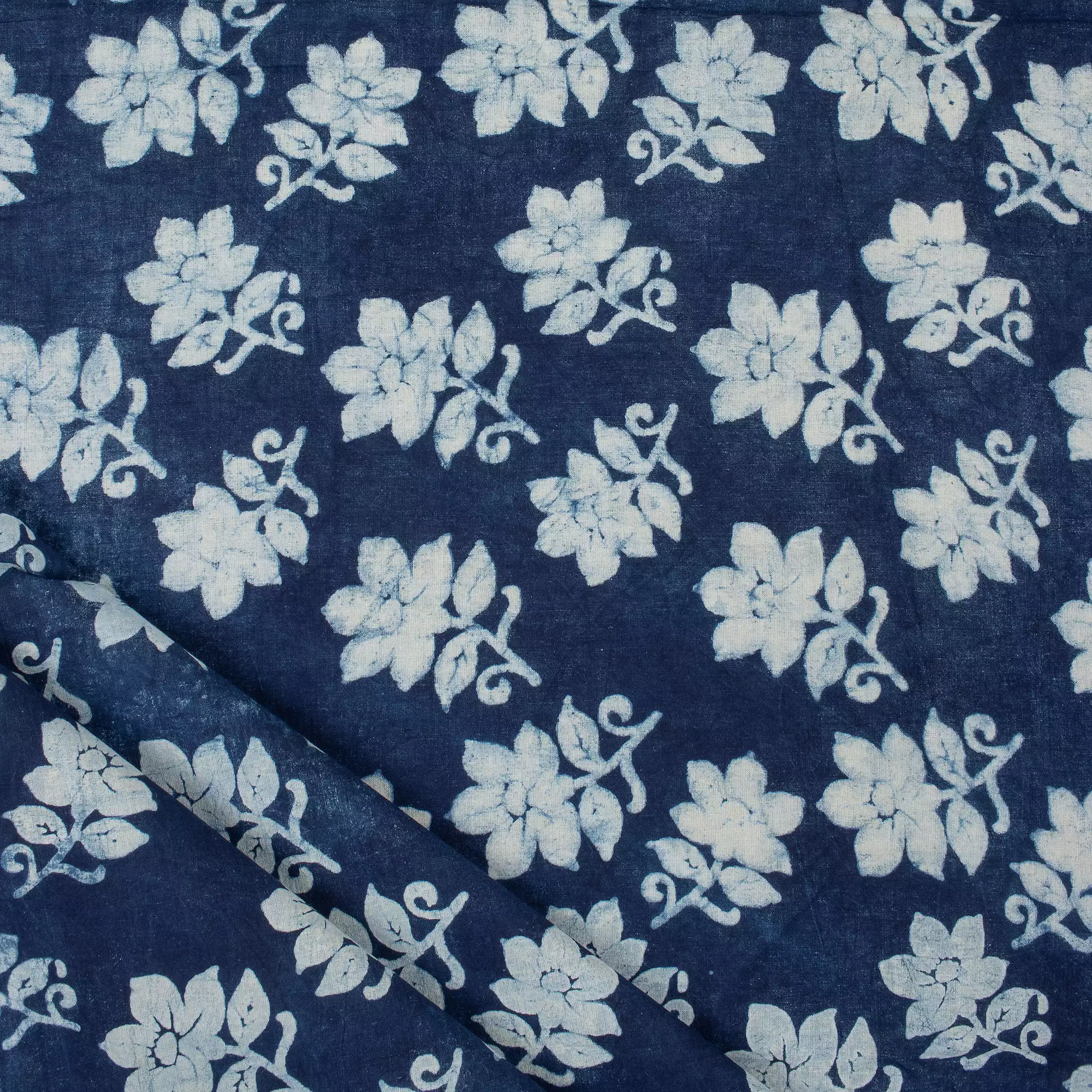 Indigo Blue Floral Hand Block Printed Cotton Fabric Material