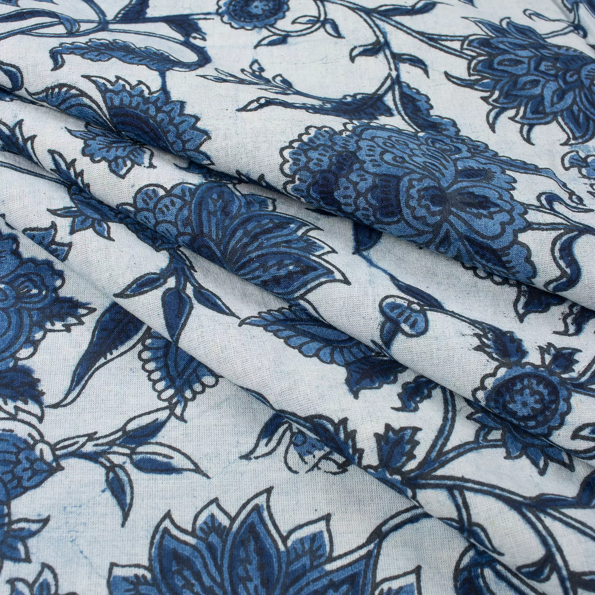 Indigo Blue Floral Vine Hand Block Printed Cotton Fabric Material - Image 5