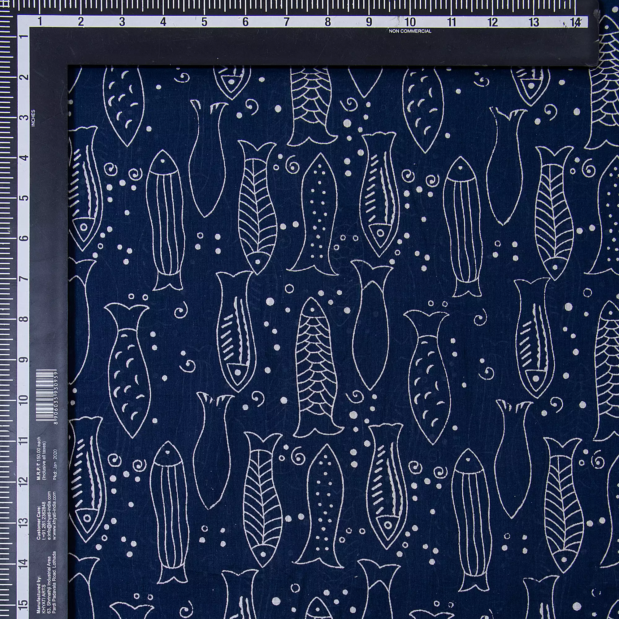 Indigo Blue Hand Block Fish Printed Discharge Fabric - Image 3