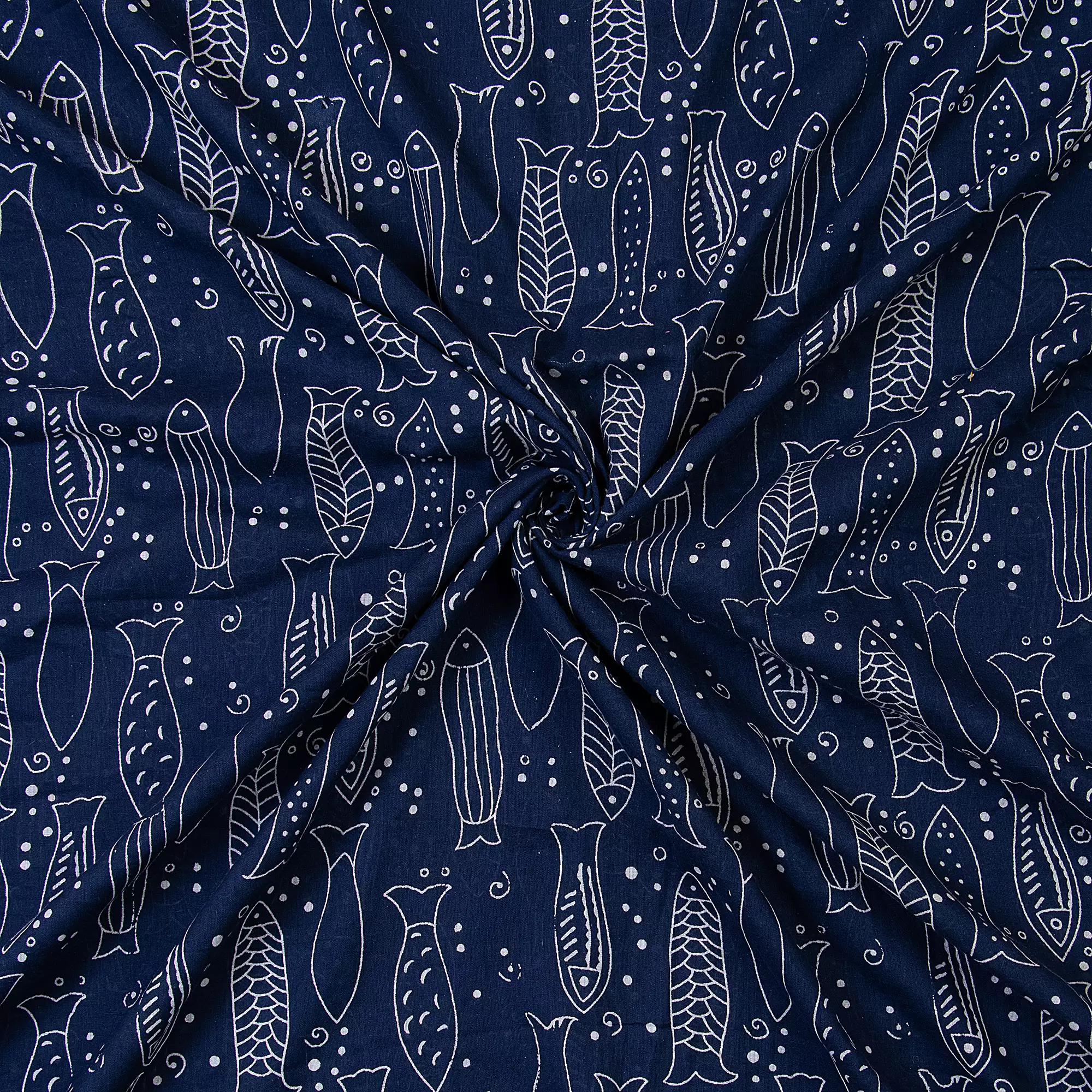 Indigo Blue Hand Block Fish Printed Discharge Fabric - Image 4