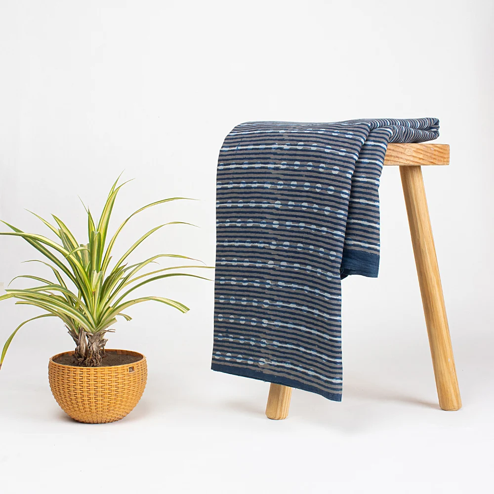 Indigo Blue Striped Print Handcrafted Multiuse Cotton Running Fabric - Image 5
