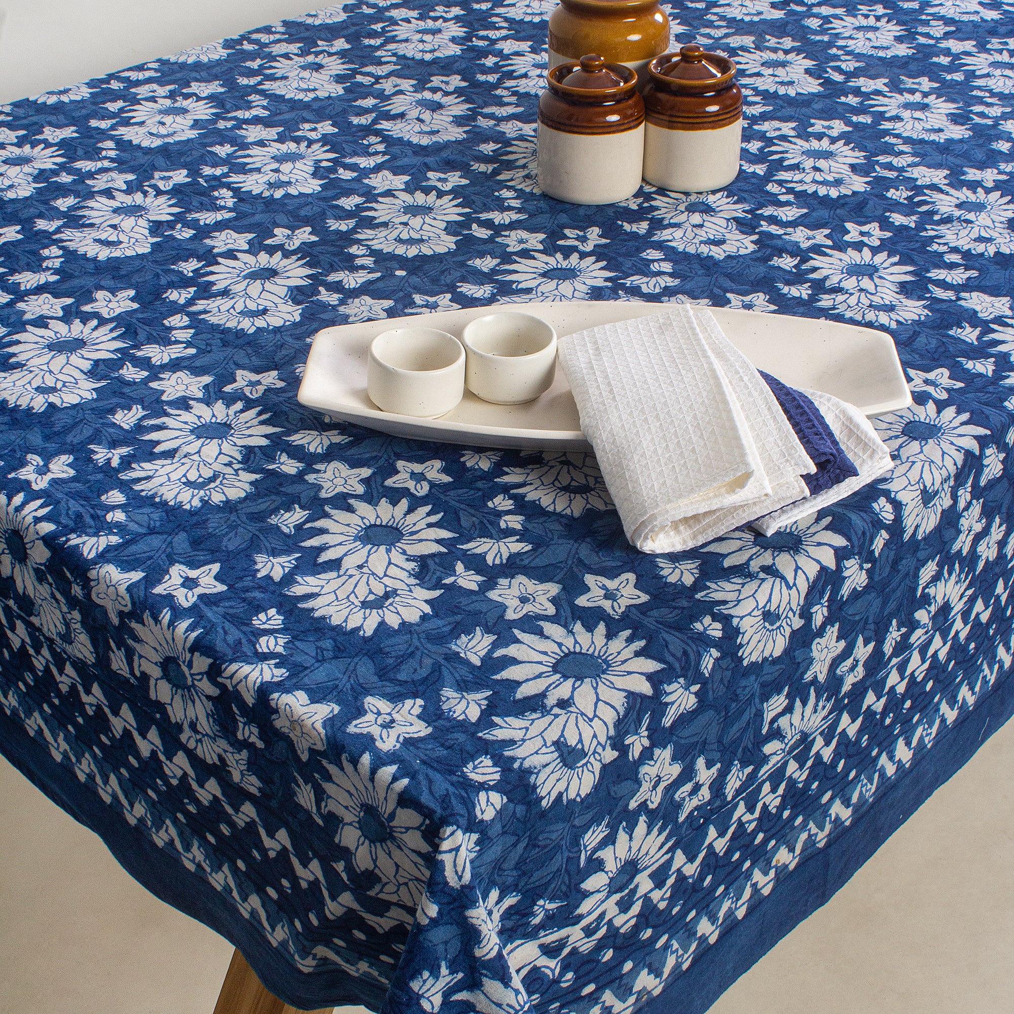 Indigo Dabu Hand Block Print Cotton Dining Table Cloth - Image 3