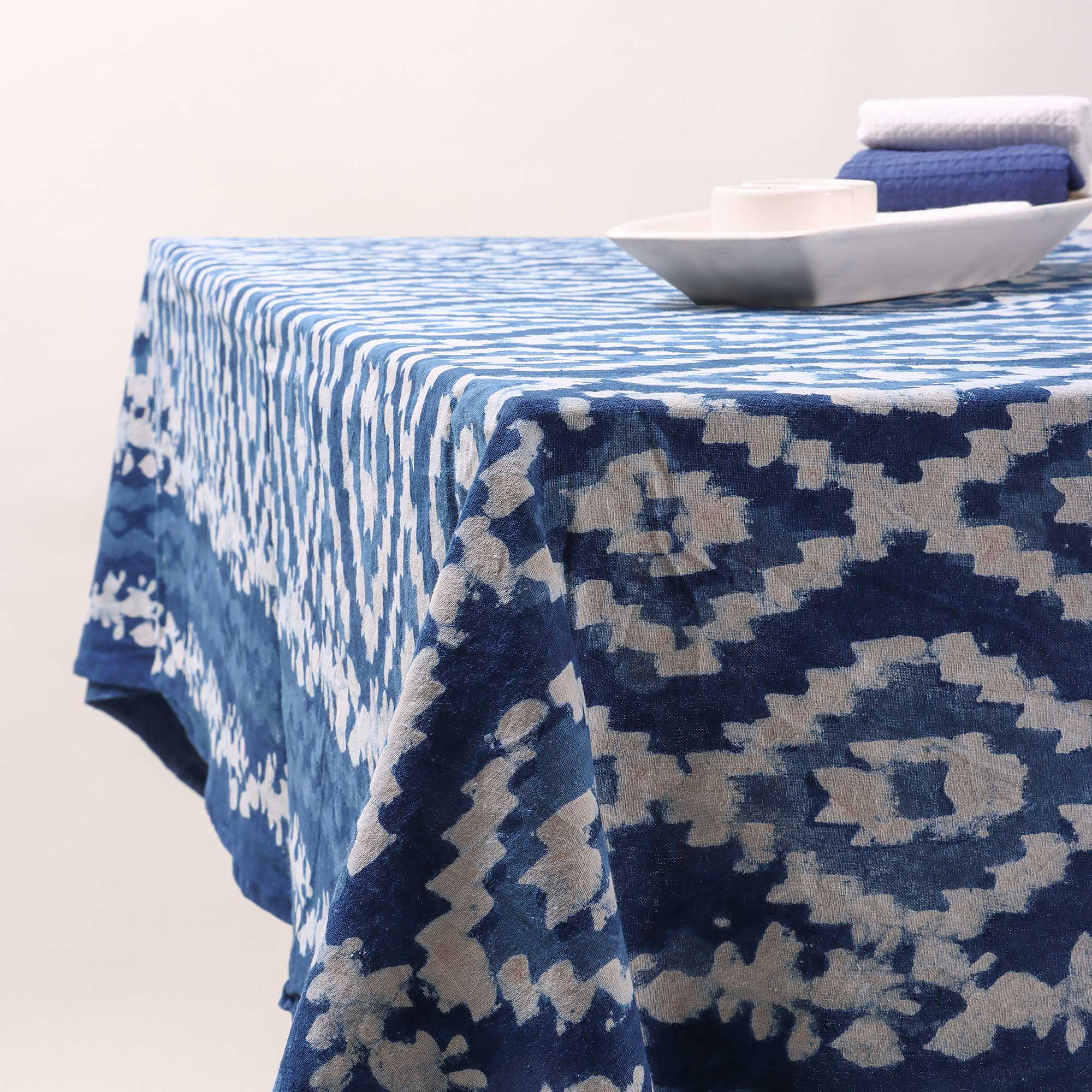 Indigo Dabu Hand Block Print Cotton Dining Tablecloth - Image 5