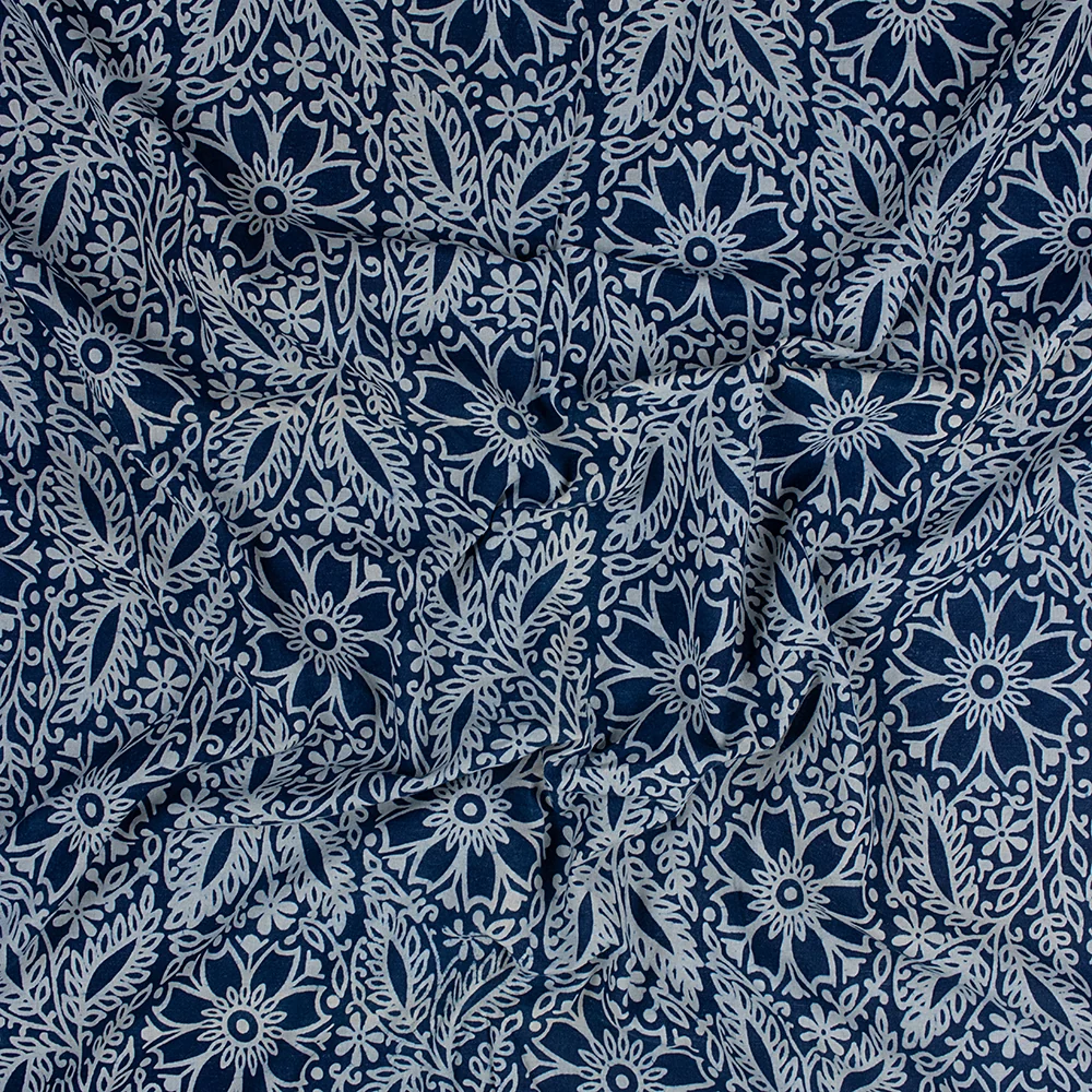 Blue Floral Indian Handmade Indigo Pure Cotton Women's Clothing Fabric - Image 4