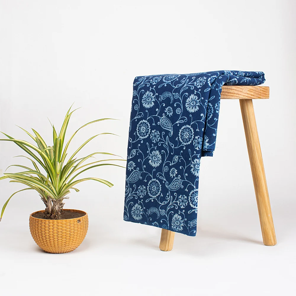 Blue Floral Indian Handmade Indigo Pure Cotton Women's Clothing Fabric - Image 5